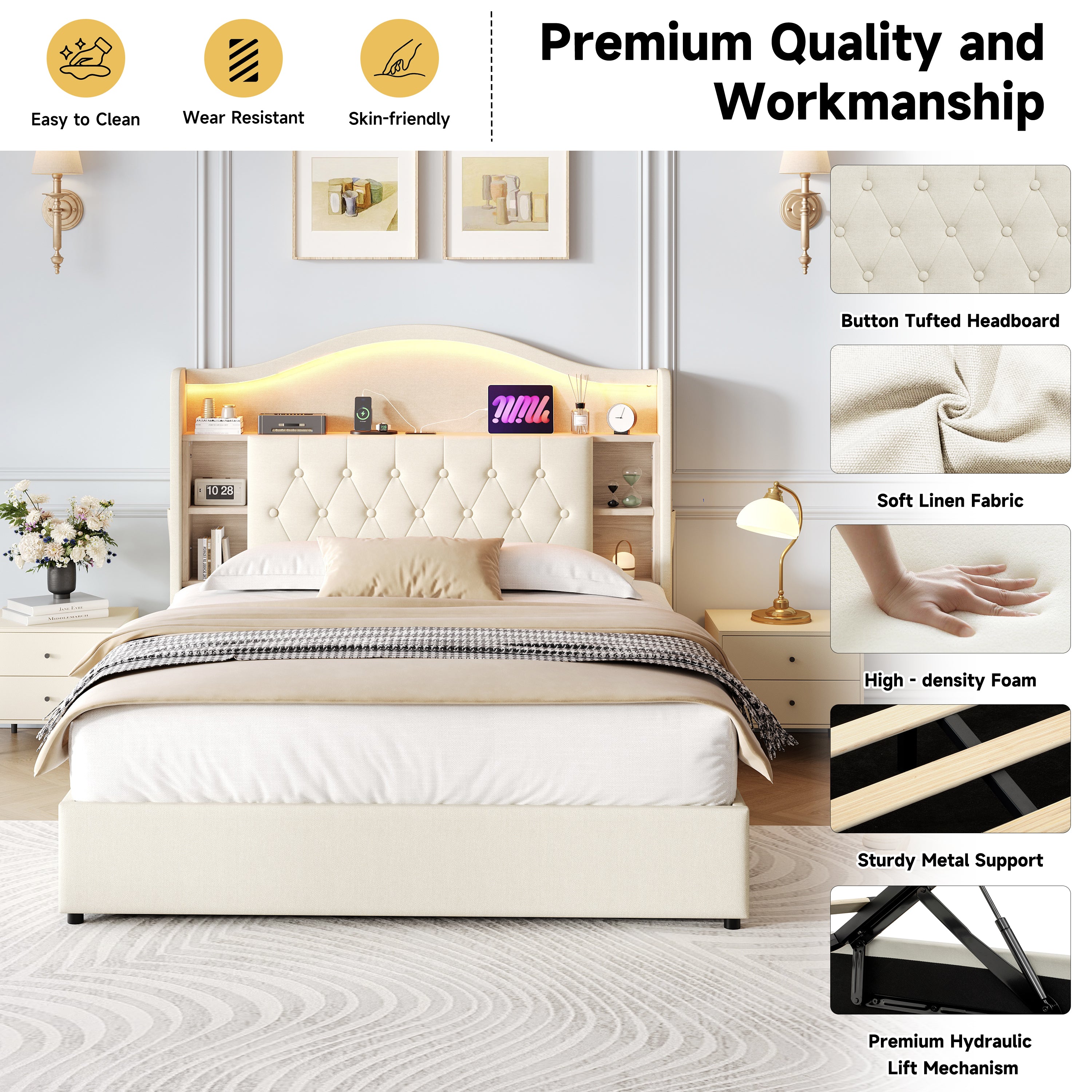 4ft6 Double Upholstered Bed Frame with Hydraulic Storage, LED Curved Button Tufted Headboard with Charging Station and Concealed Headboard Storage, USB and Type - C Ports, Linen, Beige (No Mattress)