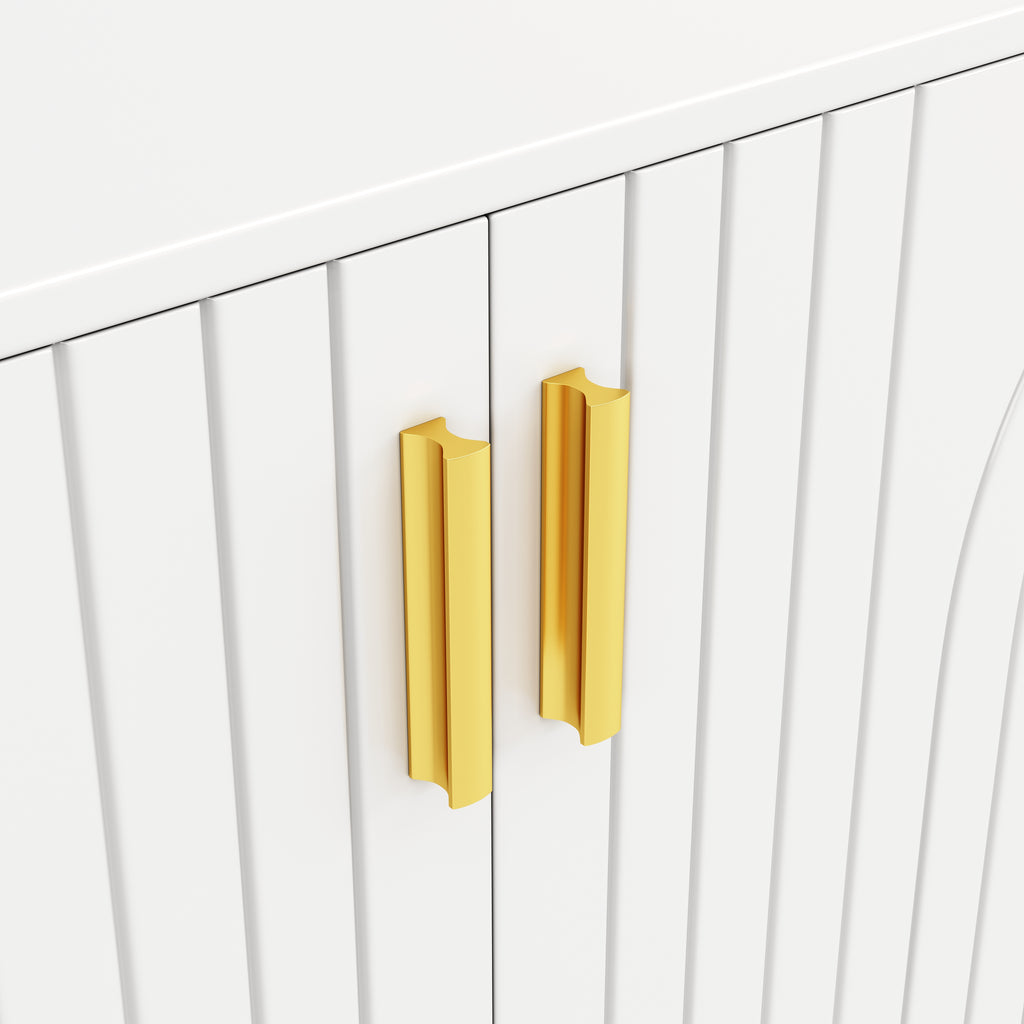 White sideboard (152 x 40 x 75 cm) with unique wave design and golden handles and feet, creating an elegant dining area