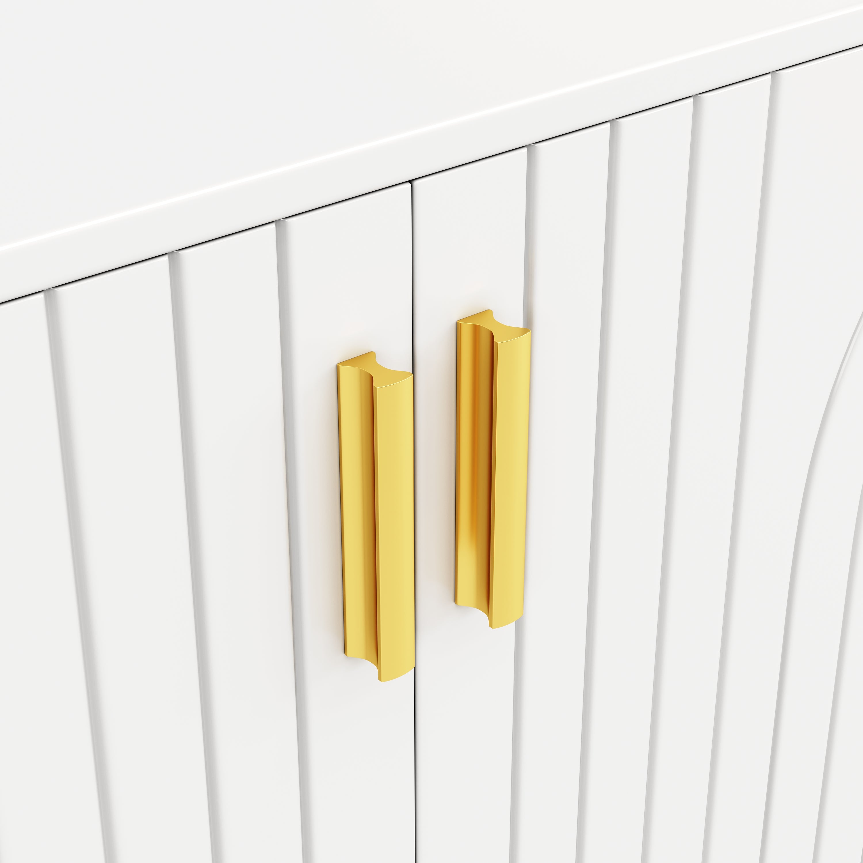 White sideboard (152 x 40 x 75 cm) with unique wave design and golden handles and feet, creating an elegant dining area