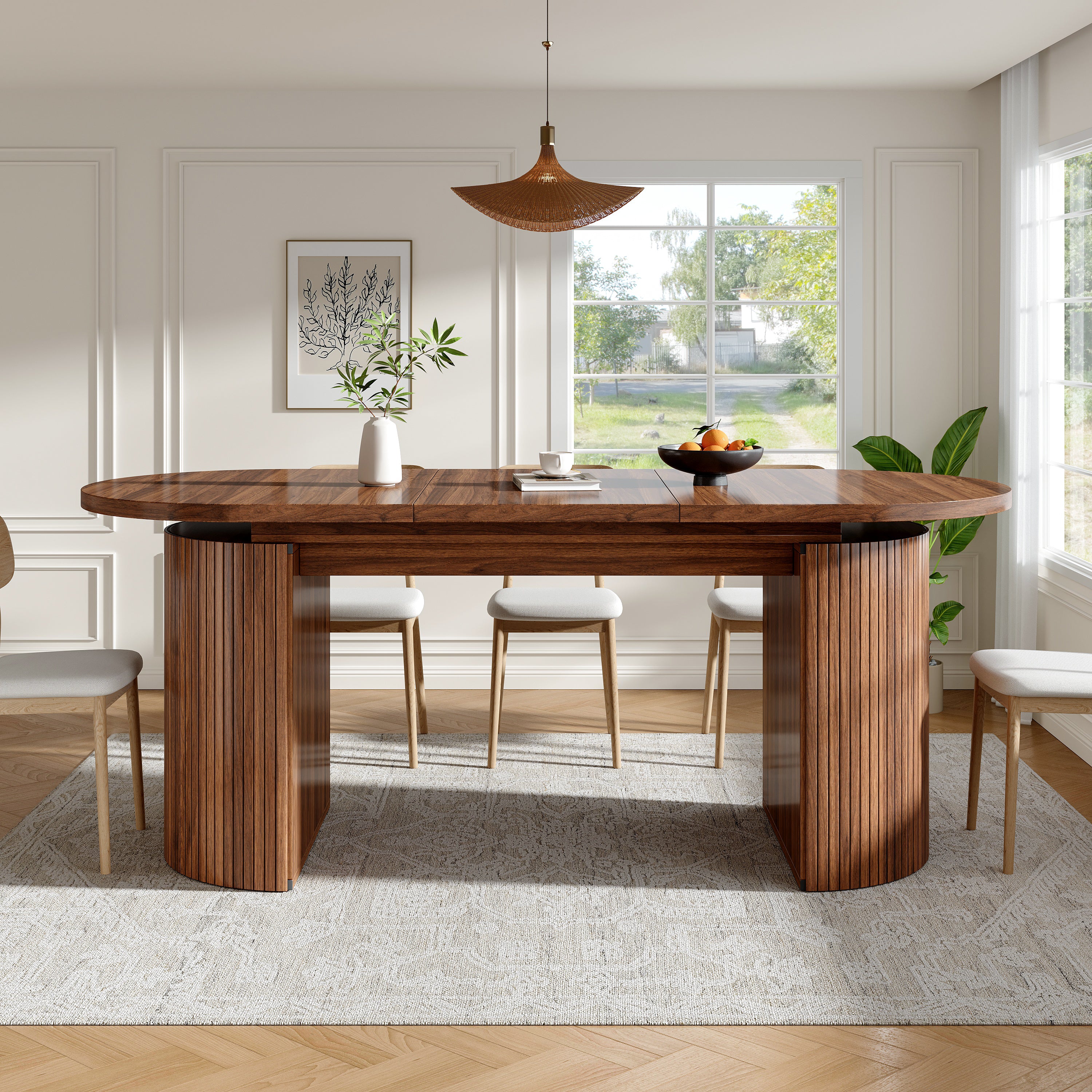 Extendable dining table with hidden storage compartment, thickened tabletop for high stability, flexibly adaptable for small spaces, kitchen, study and living room, dark brown
