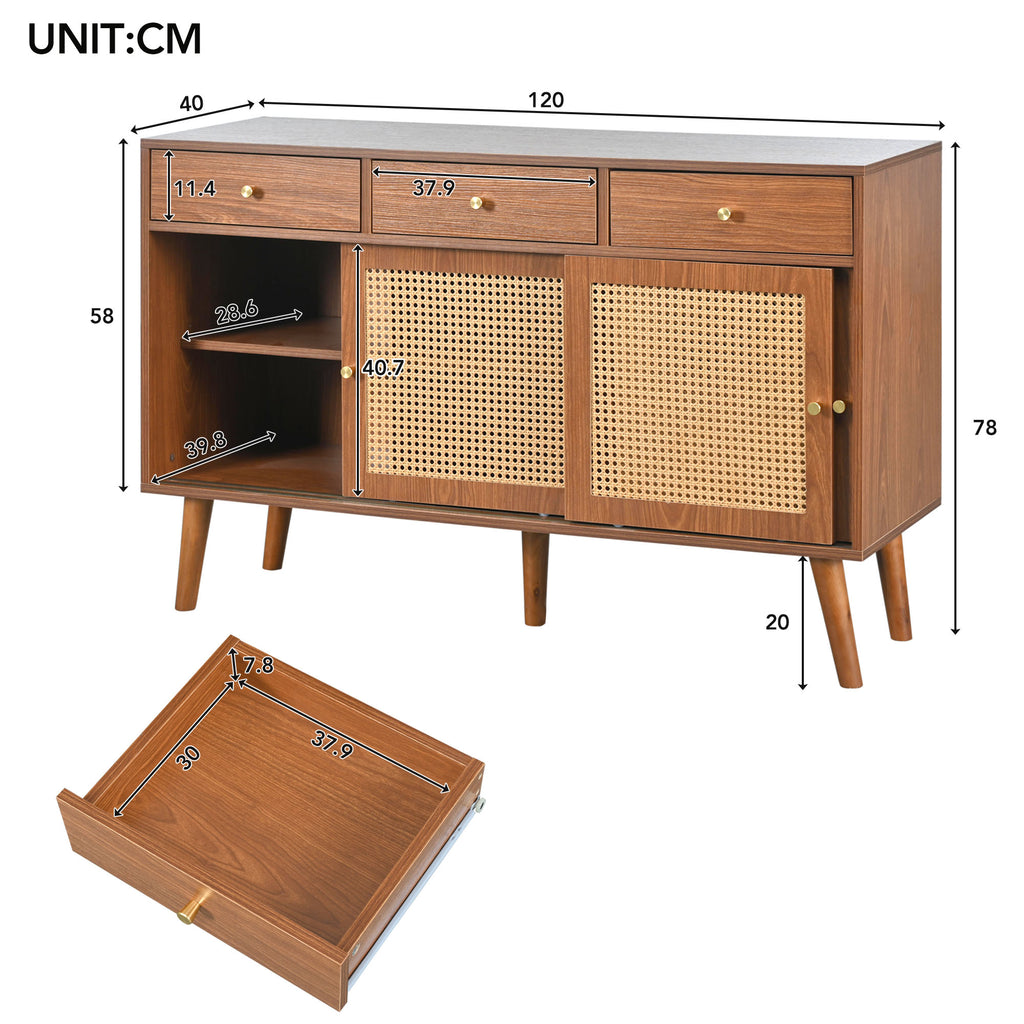 Modern sideboard 120*40*78cm, rattan door design, with 3 drawers and storage compartments, retro wooden sideboard, suitable for dining room and living room