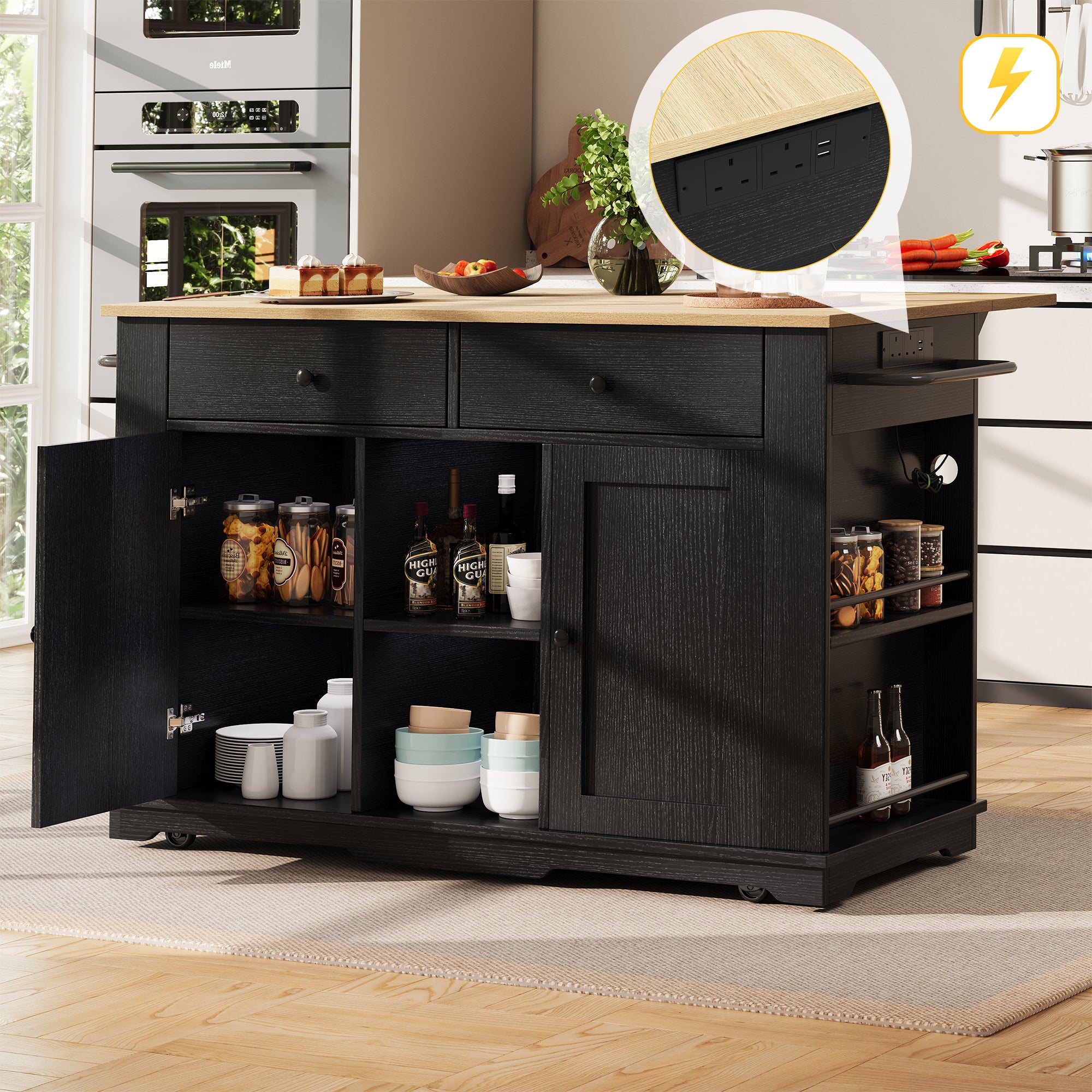 Kitchen island, kitchen trolley equipped with power strip, kitchen cabinet, serving trolley with worktop, buffet cabinet, dining trolley with wood grain, black