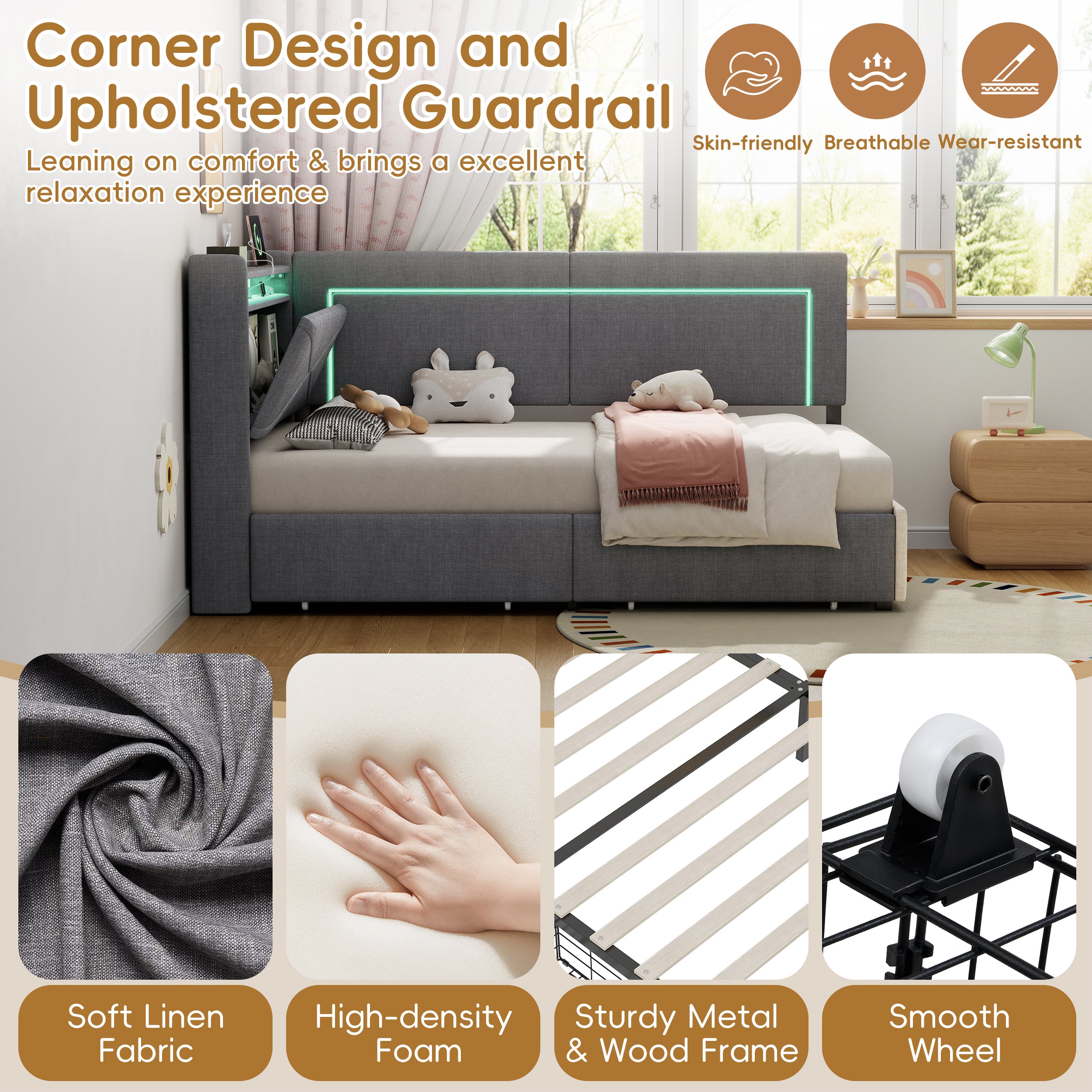 3ft Single Daybed with Two Storage Drawers, LED Concealed Headboard Storage with Charging Station, Modern Linen Sofa Bed for Living Room/ Bedroom/ Study Room, 90X190cm, Grey (No Mattress)