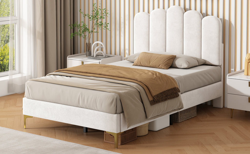 3ft Single  Premium Velvet Upholstered Bed Frame with Scalloped Channel Tufted Design, Height Adjustable Headboard & Gold Metal Feet, Under-bed Storage Space, No Box Spring Needed, Beige (No Mattress)