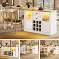 Extendable Sideboard with LED Lights, 120-197cm Adjustable Dining Table with Storage, 2 Drawers & Glass Cabinet doors, White/Black