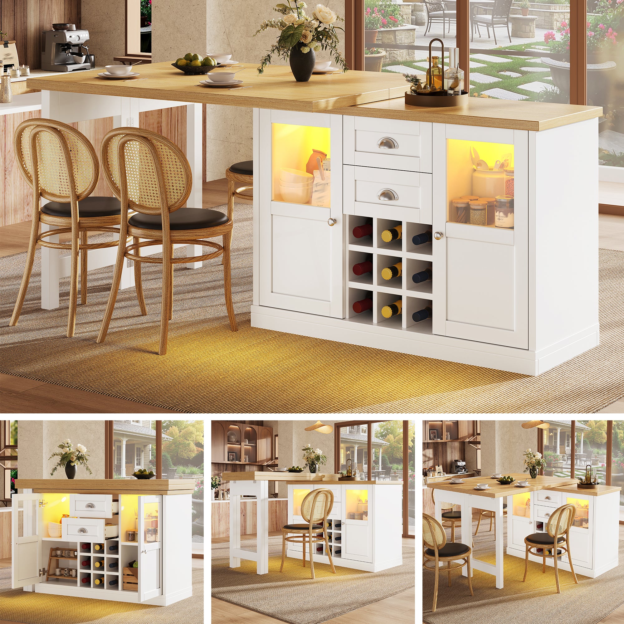 Extendable Sideboard with LED Lights, 120-197cm Adjustable Dining Table with Storage, 2 Drawers & Glass Cabinet doors, White/Black