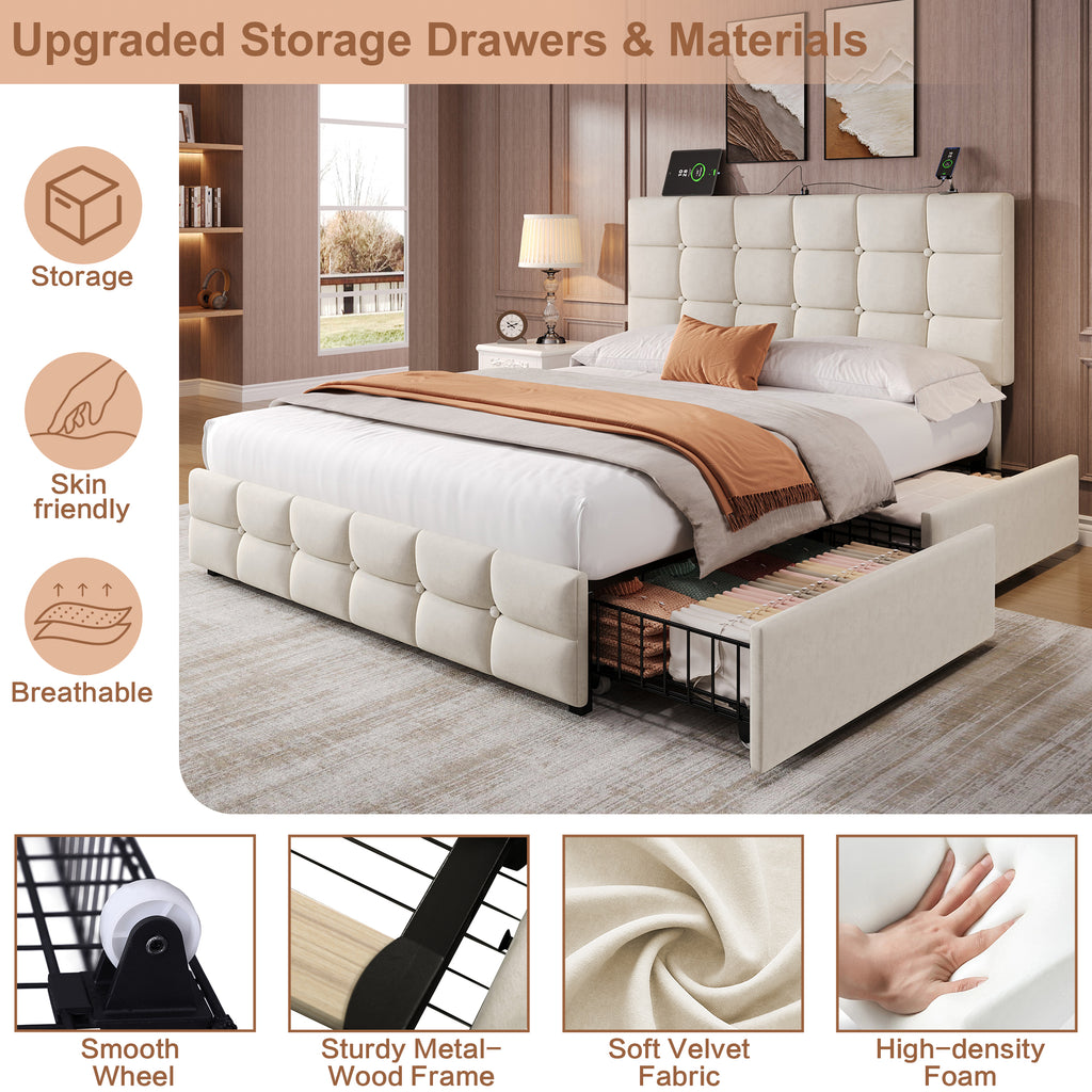 4ft6 Double Upholstered Bed with 4 Storage Drawers, Velvet Bed Frame with Charging Station. Adjustable Button Tufted Headboard with USB and Type - C Ports, No Box Spring Needed, Beige (No Mattress)