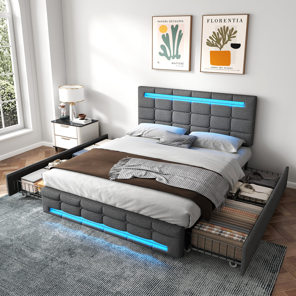 4ft6 Double Upholstered Bed with LED Lighting and Storage Drawers, Linen Fabric Storage Bed Frame with Adjustable Button Tufted Headboard, No Box Spring Needed, Easy Assembly, Grey (No Mattress)