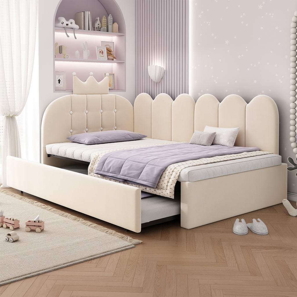 Upholstered Daybed with Pull-Out Bed, Crown-shaped Trundle Bed, 3FT Single Sofa Bed 90 x 190 cm, Guest Beds for Adults & Children, Bed with Metal Slatted Frame, Velvet, Beige (No Mattress)
