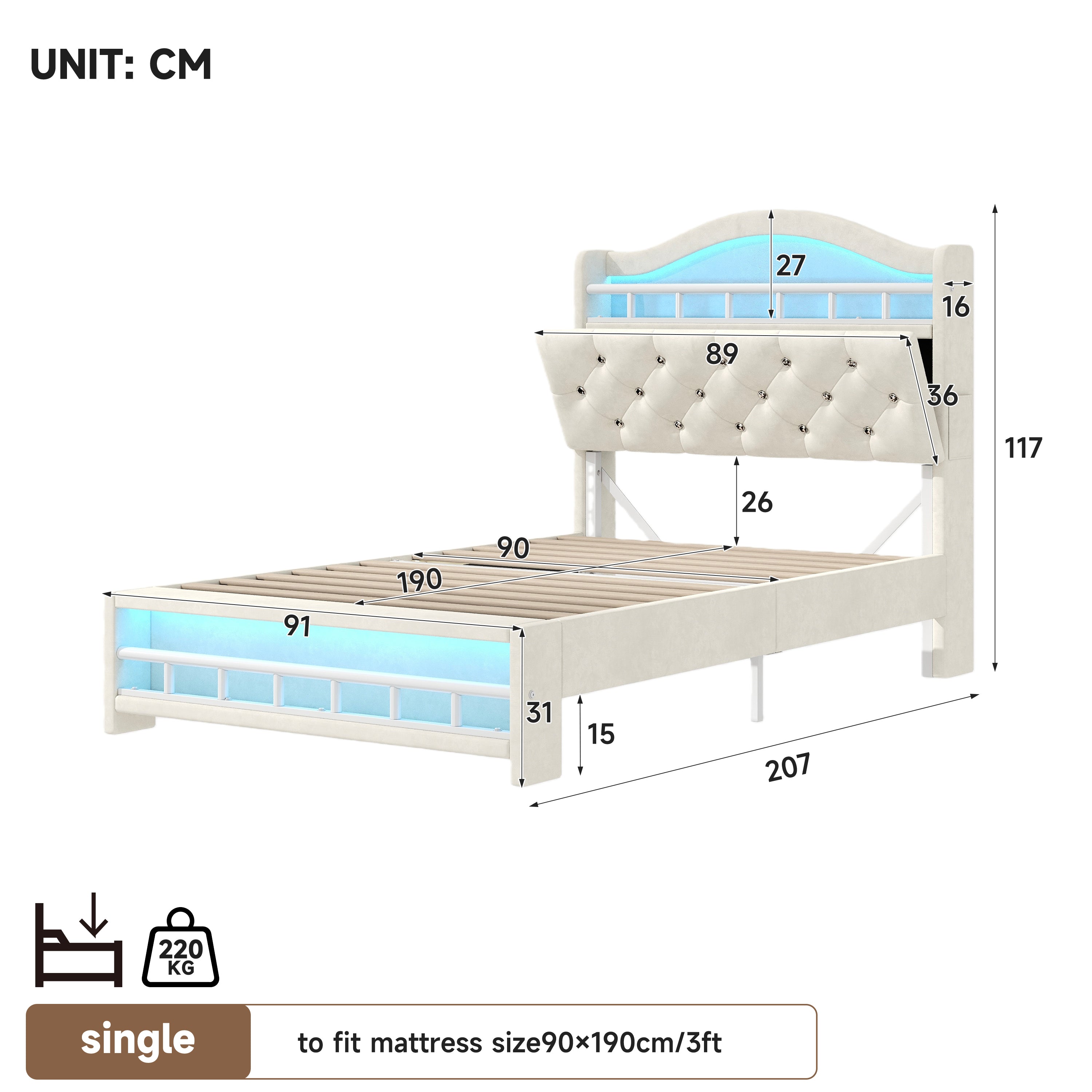 3ft Single Upholstered Velvet Bed Frame, LED Bed Frame with Charging Station & Diamond Tufted Headboard, Concealed Headboard Storage with USB and Type - C Ports, Easy Assembly, Beige (No Mattress)