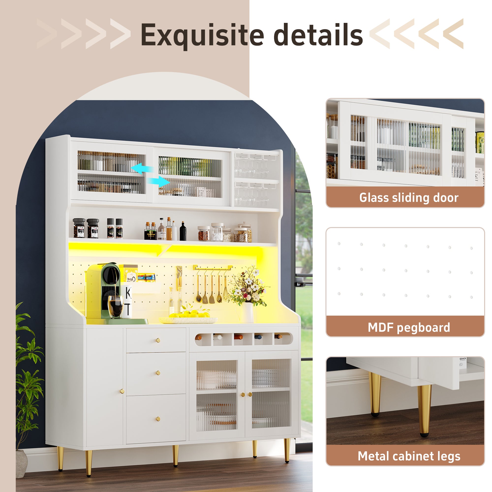 Highboard with Adjustable Shelves & LED Lights, Freestanding Storage Unit for Living Room Kitchen Dining, Tall cabinet with wine rack, Dimensions 145x39x171cm, White