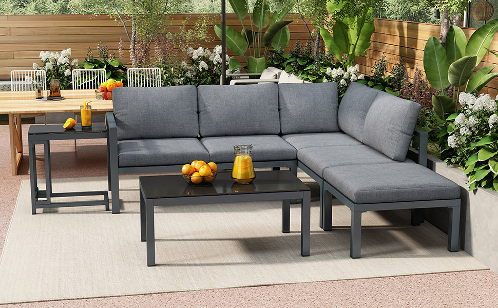 Outdoor garden terrace lounge sofa set, garden furniture for 4-5 people with side table and coffee table, corner sofa, all-weather lounge furniture, grey, all cushions included
