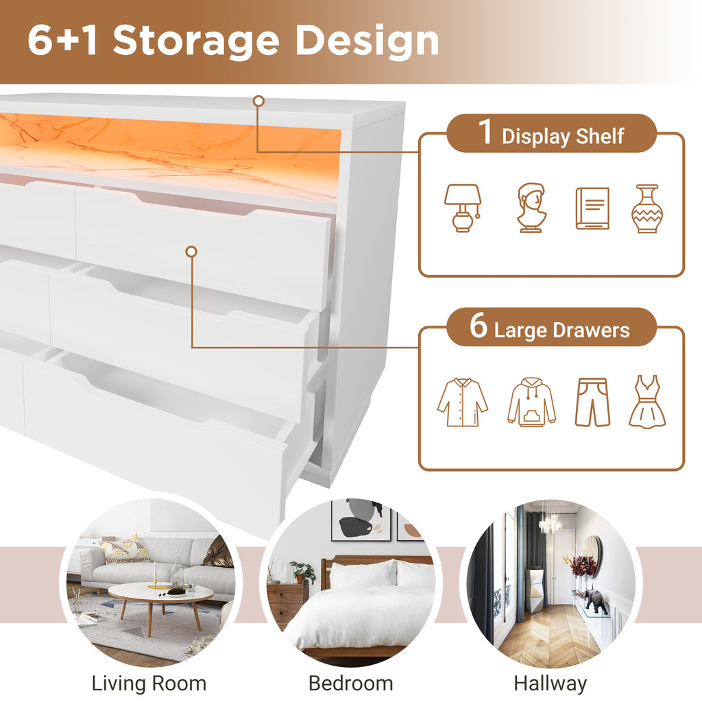 Marbled 6-Drawer Sideboard, Modern Storage Cabinet with RGB LED Lighting & Shelves, Chest of Drawers for Living Room Home Office, 85 x 120 x 40 cm, White
