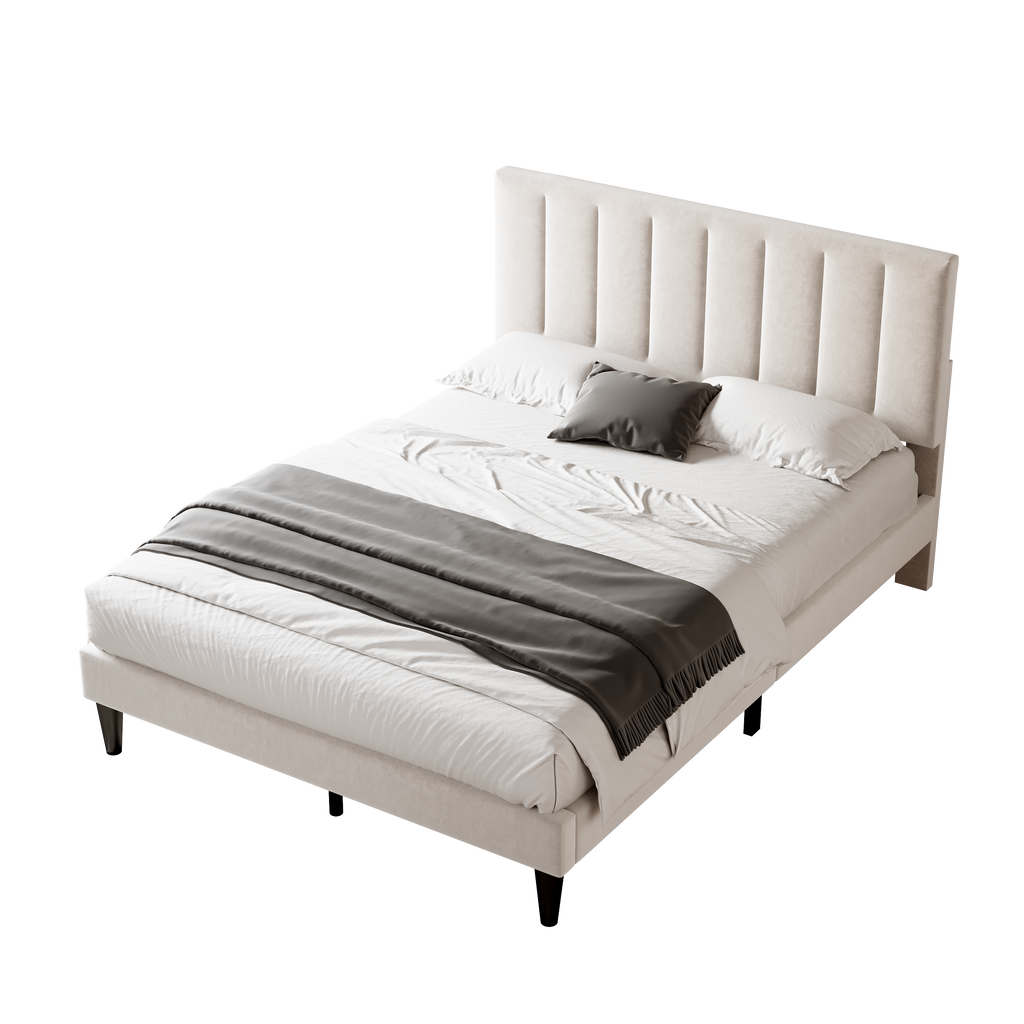 4ft6 Double Upholstered Velvet Bed Frame, with Adjustable Channel Tufted Headboard, Velvet Platform Bed Frame with Solid Wood Slat and Mute Foam, No Box Spring Needed, Easy Assembly, Beige