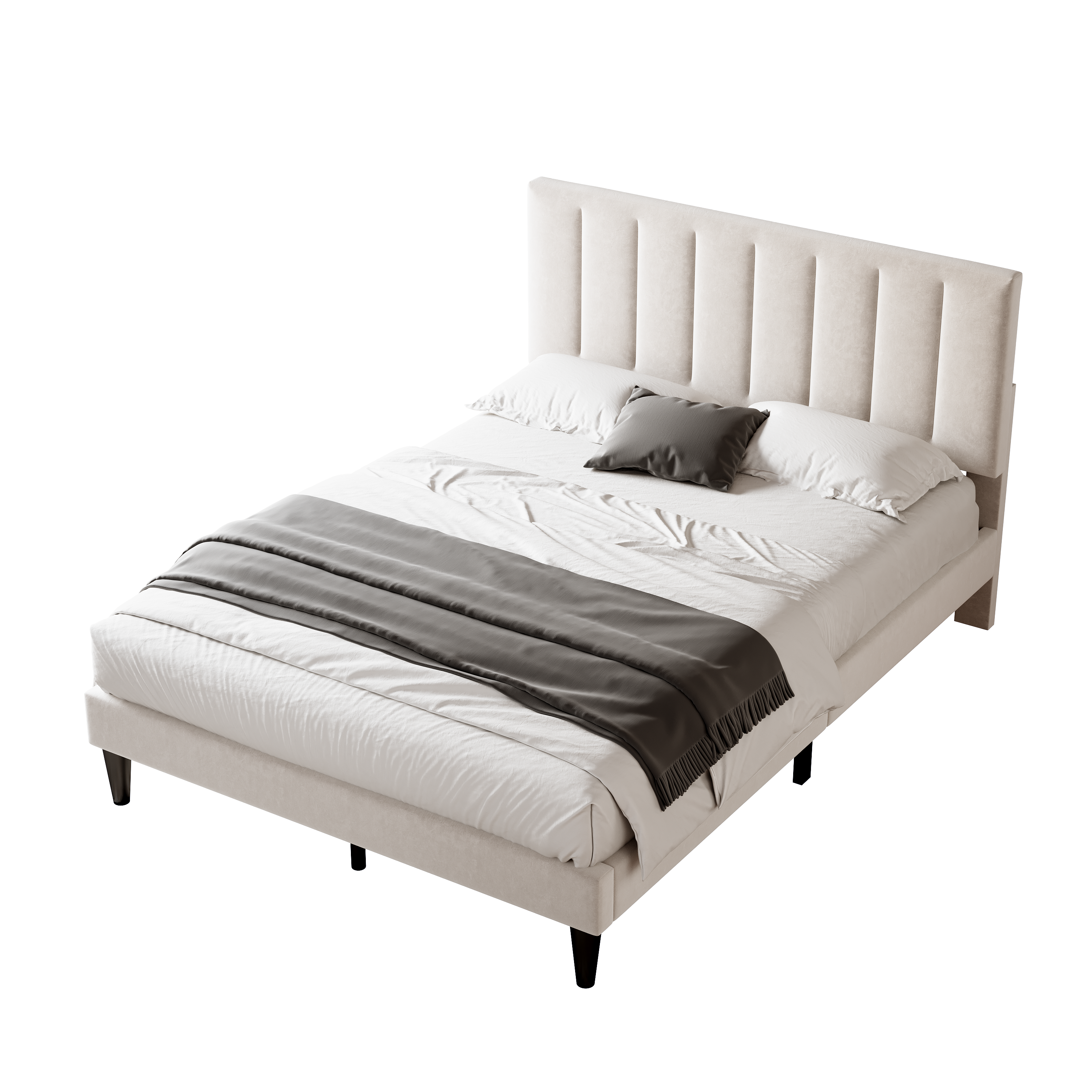 4ft6 Double Upholstered Velvet Bed Frame, with Adjustable Channel Tufted Headboard, Velvet Platform Bed Frame with Solid Wood Slat and Mute Foam, No Box Spring Needed, Easy Assembly, Beige