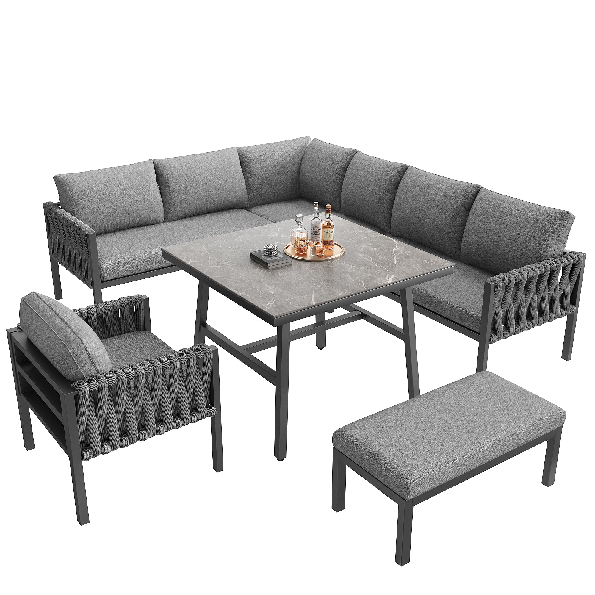 Garden furniture set, rope-weave outdoor sofa set with galvanized steel frame, adjustable legs, L-shaped sofa, tempered glass table top, includes all seat and back cushions, grey