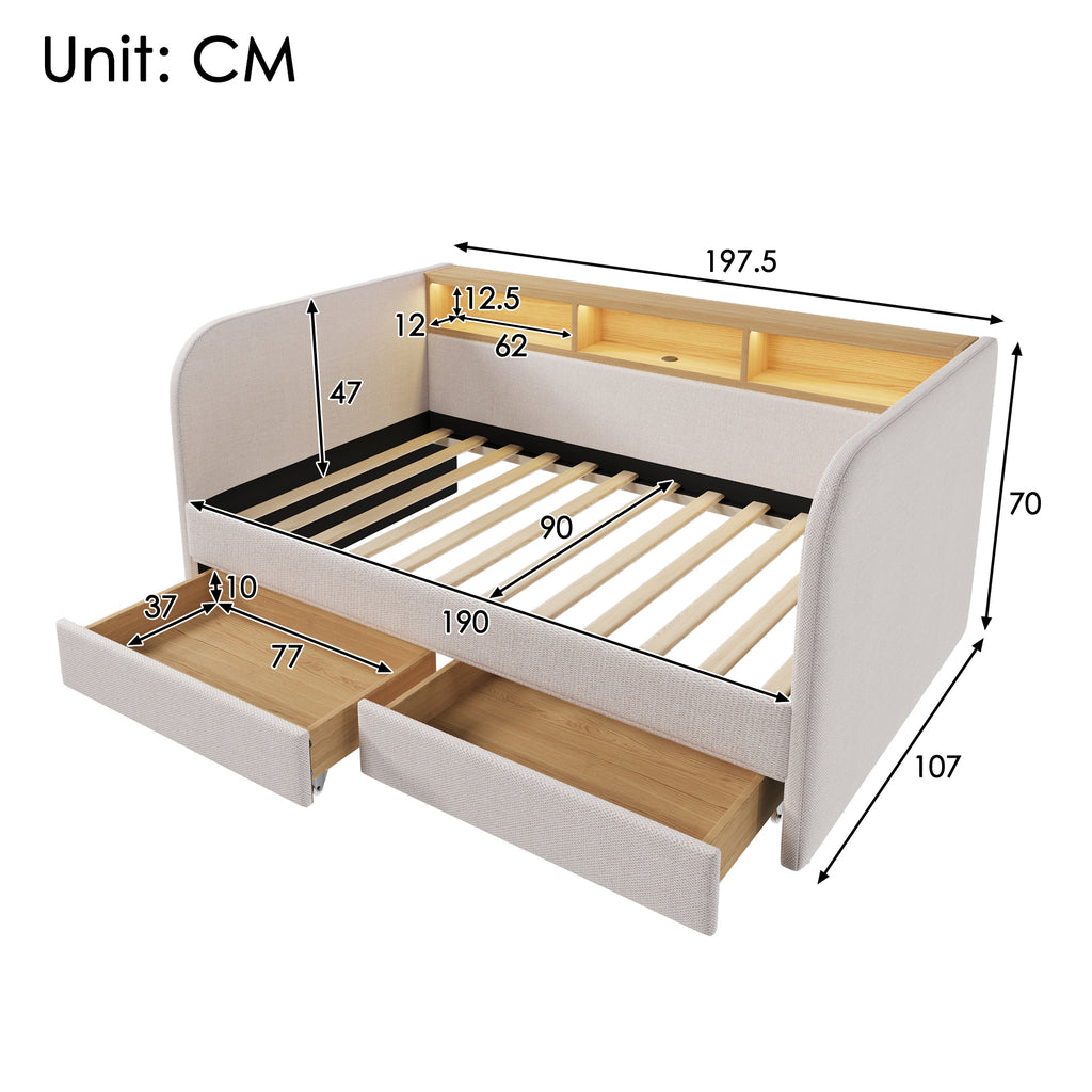 Upholstered Daybed with Headboard Storage, 90 x 190 cm Single Sofa Bed with LED and USB Type-C Reading Light, 3FT Daybed with 2 Drawers, Linen, Beige (Without Mattress)