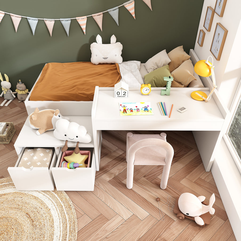 Kids Single Bed with Desk and Drawers, 90 x190 cm, White, 3ft Kids Wooden Bed with Storage, Single Bed with Slatted Frame, Lying Surface for Teenagers & Adults (No Mattress)