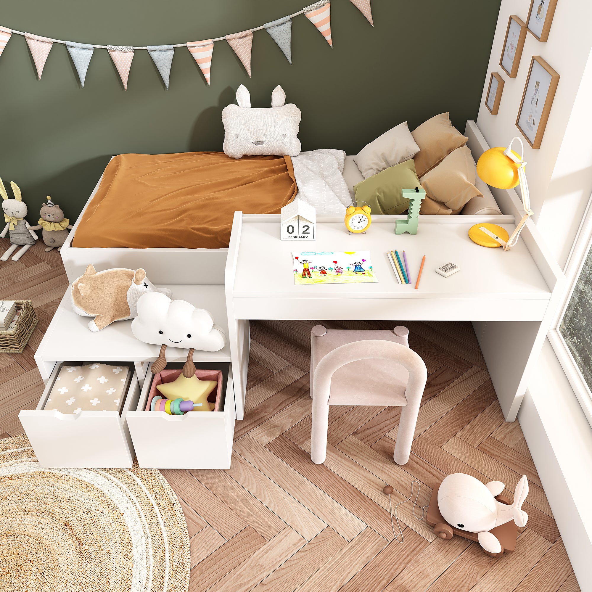Kids Single Bed with Desk and Drawers, 90 x190 cm, White, 3ft Kids Wooden Bed with Storage, Single Bed with Slatted Frame, Lying Surface for Teenagers & Adults (No Mattress)
