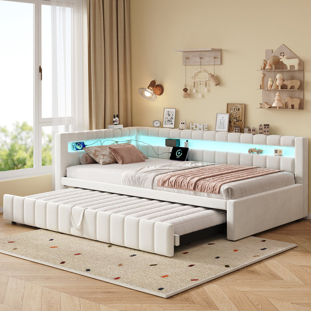 3ft Single Velvet Daybed, Sofa Bed with RGB LED Lights and Charging Station, Upholstered Sofa Bed with Trundle, Pull out Trundle Bed for Living Room, Bedroom or Study, Beige (No Mattress)