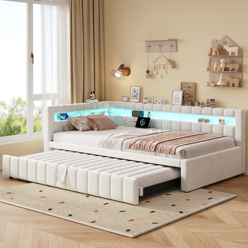 3ft Single Velvet Daybed, Sofa Bed with RGB LED Lights and Charging Station, Upholstered Sofa Bed with Trundle, Pull out Trundle Bed for Living Room, Bedroom or Study, Beige (No Mattress)