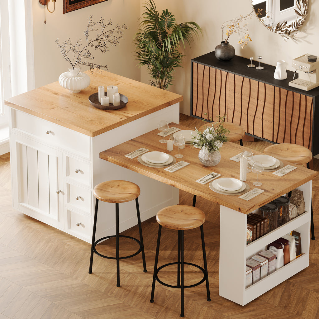 Extendable kitchen island (120-184 cm) with drawers and casters, mobile kitchen island with wood-look tabletop, versatile counter island for kitchen, dining room & bar counter, white/black