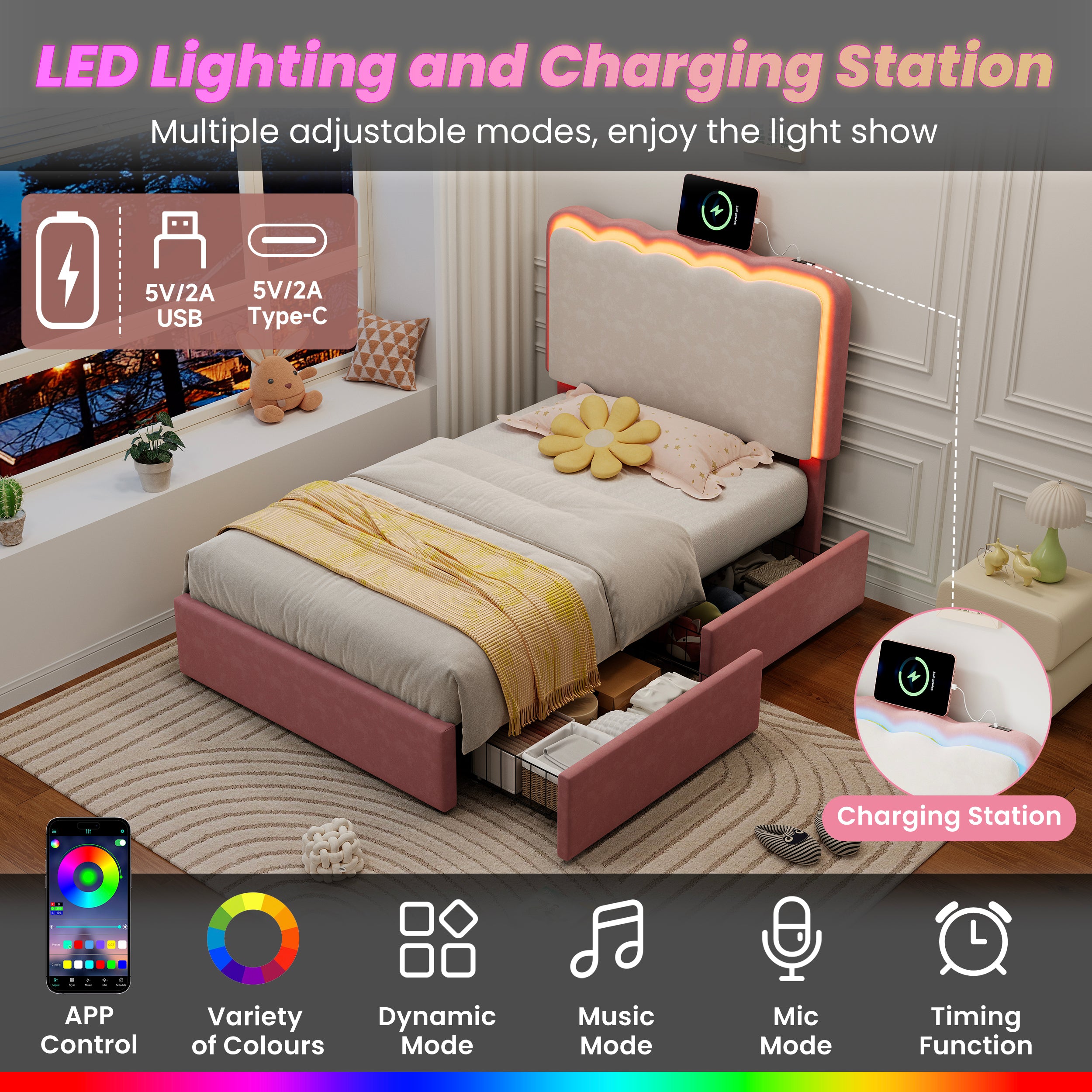 3ft Single Upholstered Bed with Adjustable LED Wavy Headboard, Soft Velvet Bed Frame with 2 Storage Drawers, Bed Frame with Solid Wood Slat, Easy Assembly, Pink+Cream White (No Mattress)