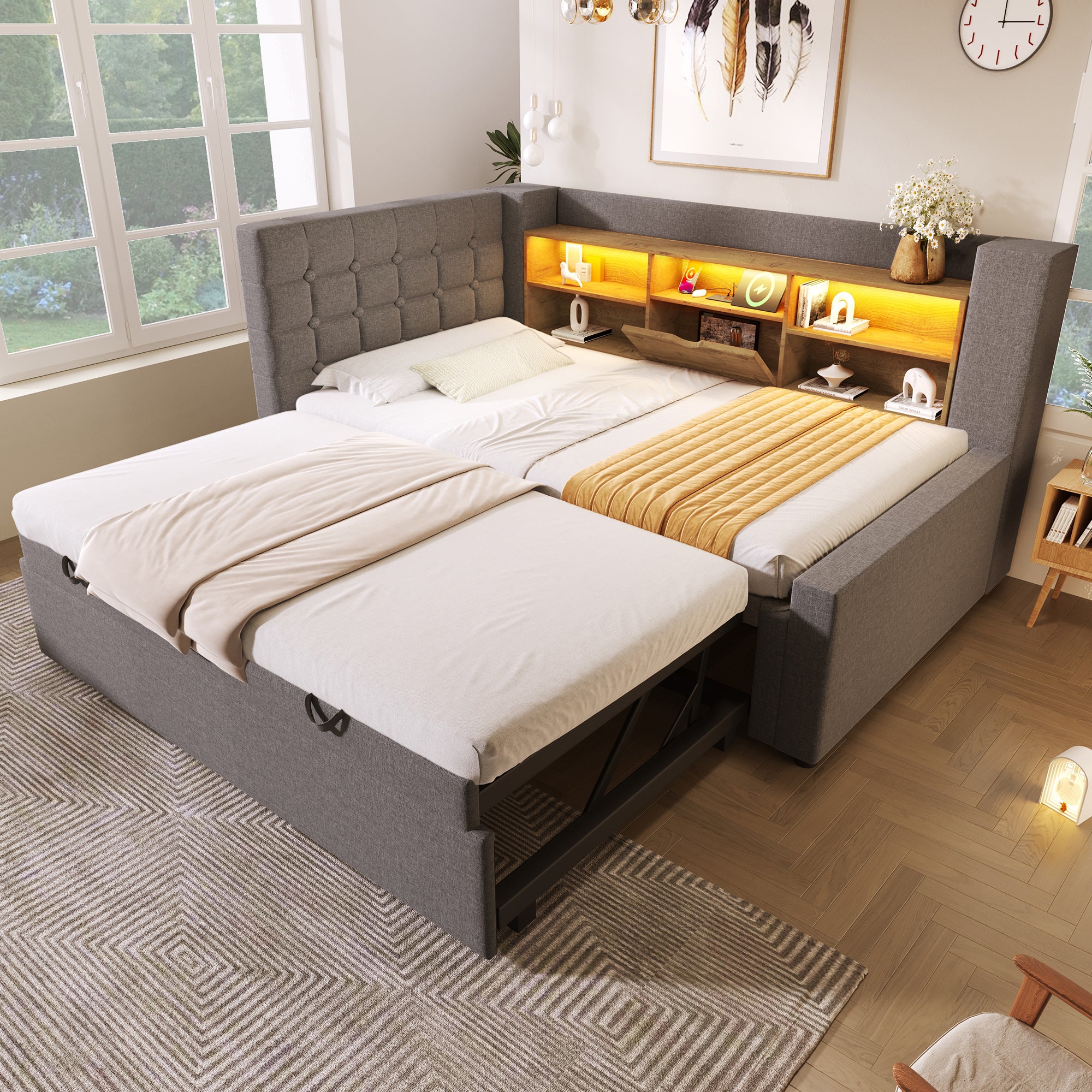 Daybed Upholstered Bed 90 x 190 cm, 3FT Single Sofa Bed with Storage, USB &Type-C Charging Station, Pull out Trundle for Living Room and Bedroom, Linen, Grey (No Mattress)