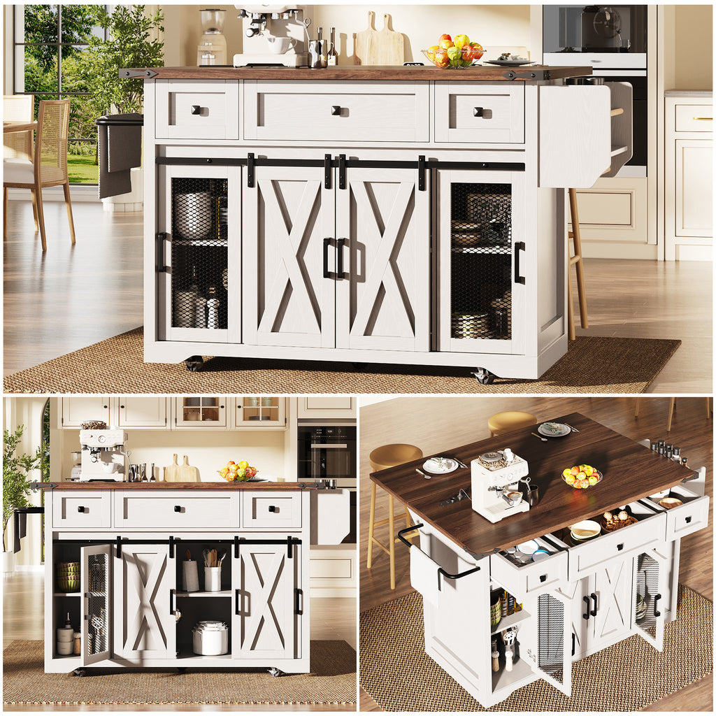 Kitchen island trolley with extendable worktop and power connection, 91cm working height, white/black, load capacity up to 75kg
