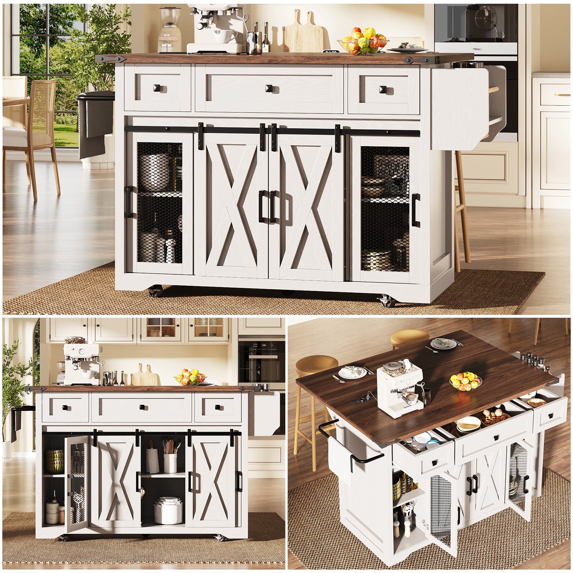 Kitchen island trolley with extendable worktop and power connection, 91cm working height, white/black, load capacity up to 75kg