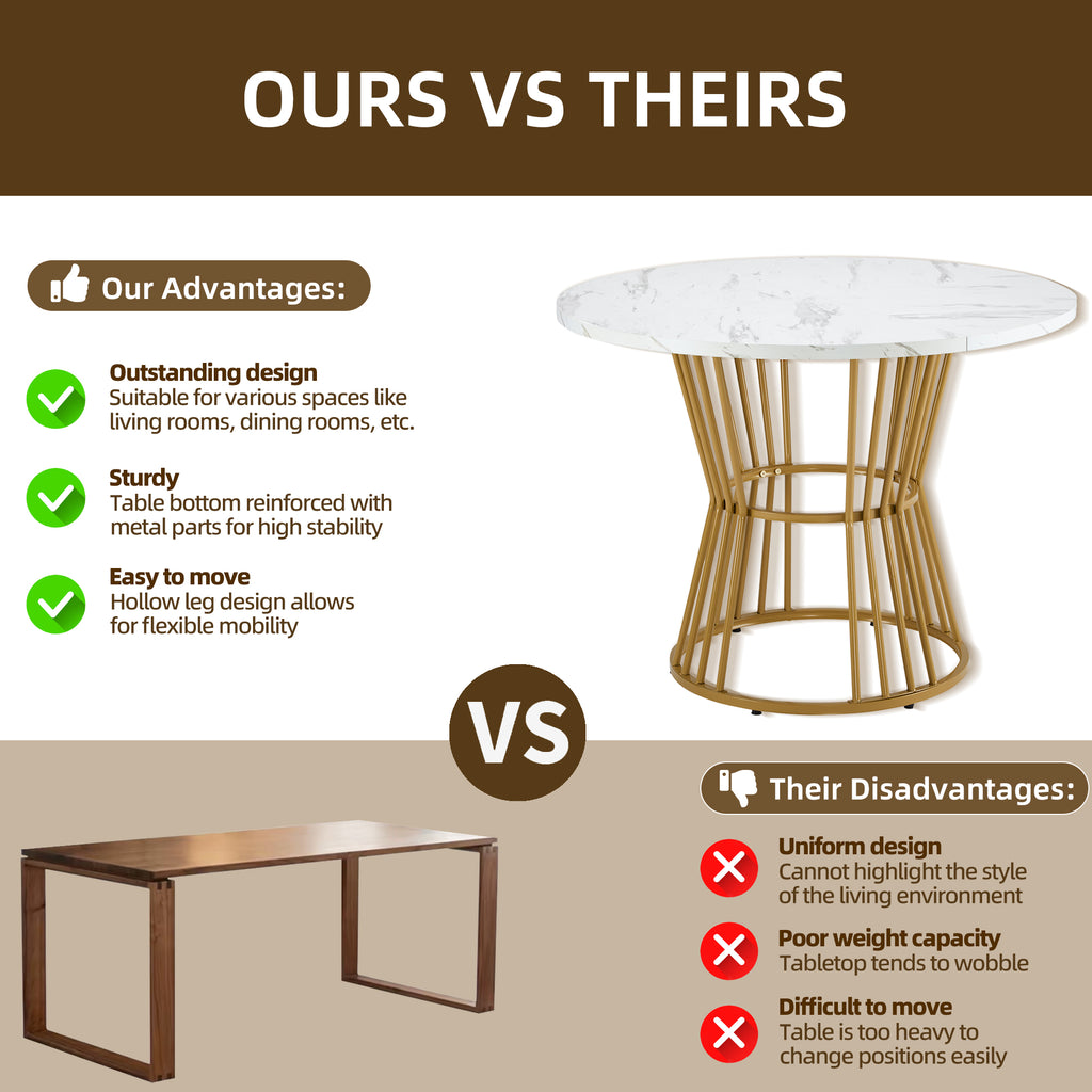 Dining table set (5-piece), dining table set with 4 chairs, kitchen table set, round dining table with 100 cm diameter and golden metal legs, white MDF table top, black velvet dining chairs