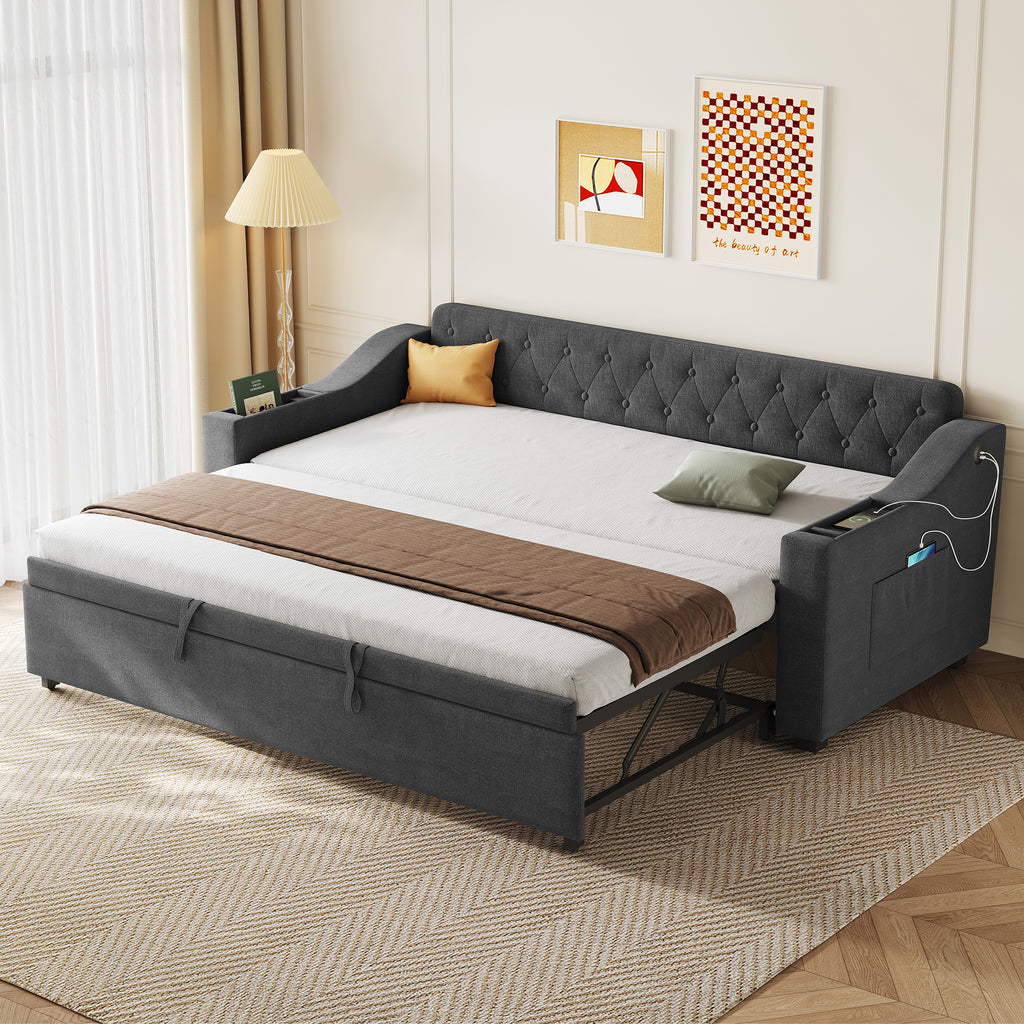 Upholstered Bed 90x190cm, Daybed, Sofa Bed with Charging Station, 3ft Single Linen Daybed with Armrest Storage. Pull out Trundle Bed for Living Room/ Bedroom/ Study Room, Grey (No Mattress)