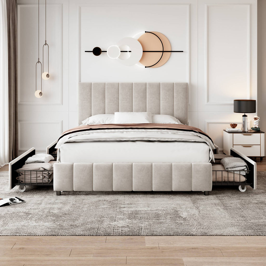 4ft6 Double Upholstered Bed with 4 Storage Drawers, Velvet Platform Bed Frame with Adjustable Channel Tufted Headboard, Metal-Wood Support, No Box Spring Needed, Easy Assembly, Beige (No Mattress)