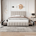 4ft6 Double Upholstered Bed with 4 Storage Drawers, Velvet Platform Bed Frame with Adjustable Channel Tufted Headboard, Metal-Wood Support, No Box Spring Needed, Easy Assembly, Beige (No Mattress)