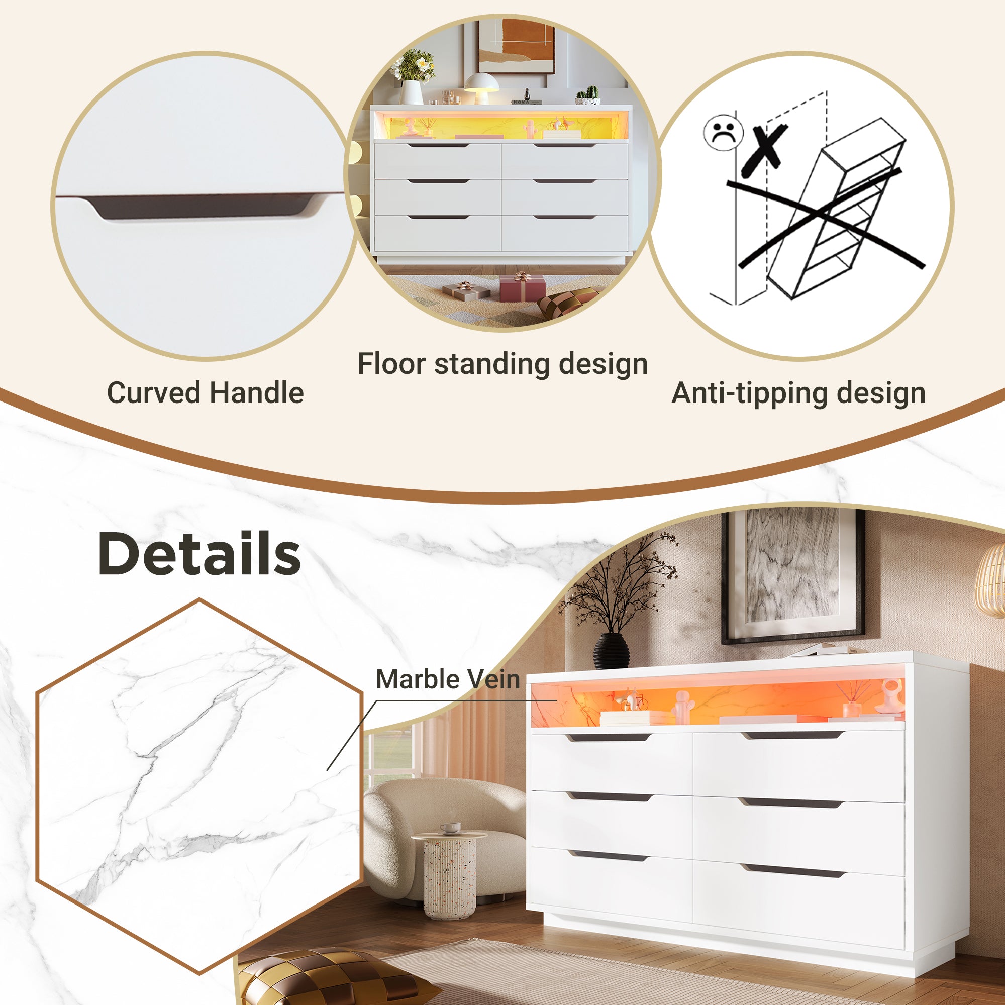 Marbled 6-Drawer Sideboard, Modern Storage Cabinet with RGB LED Lighting & Shelves, Chest of Drawers for Living Room Home Office, 85 x 120 x 40 cm, White