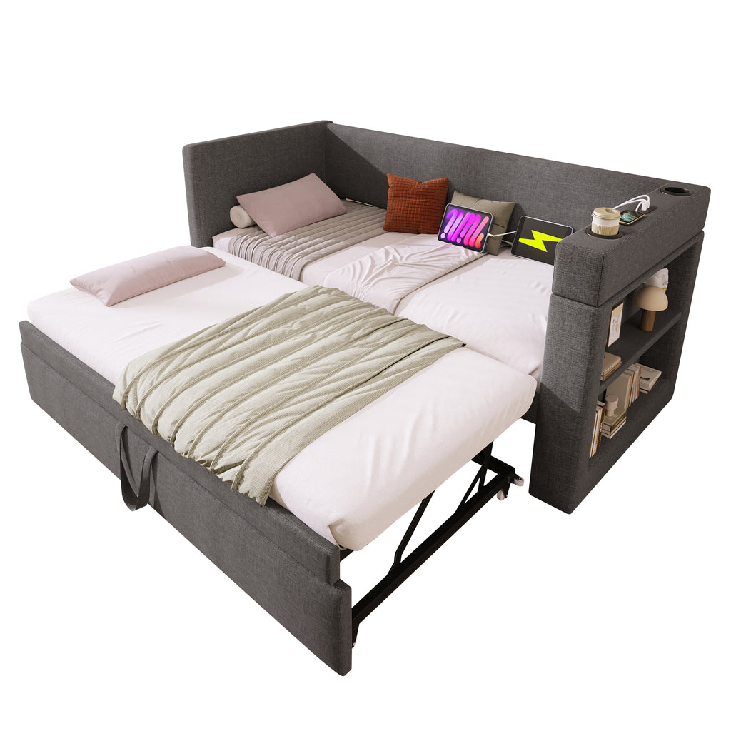 Daybed Upholstered Bed 90 x 190 cm, 3FT Single Sofa Bed with Cup Holders, USB &Type C Charging Station, Pull out Trundle for Living Room and Bedroom, Linen, Grey  (No Mattress)