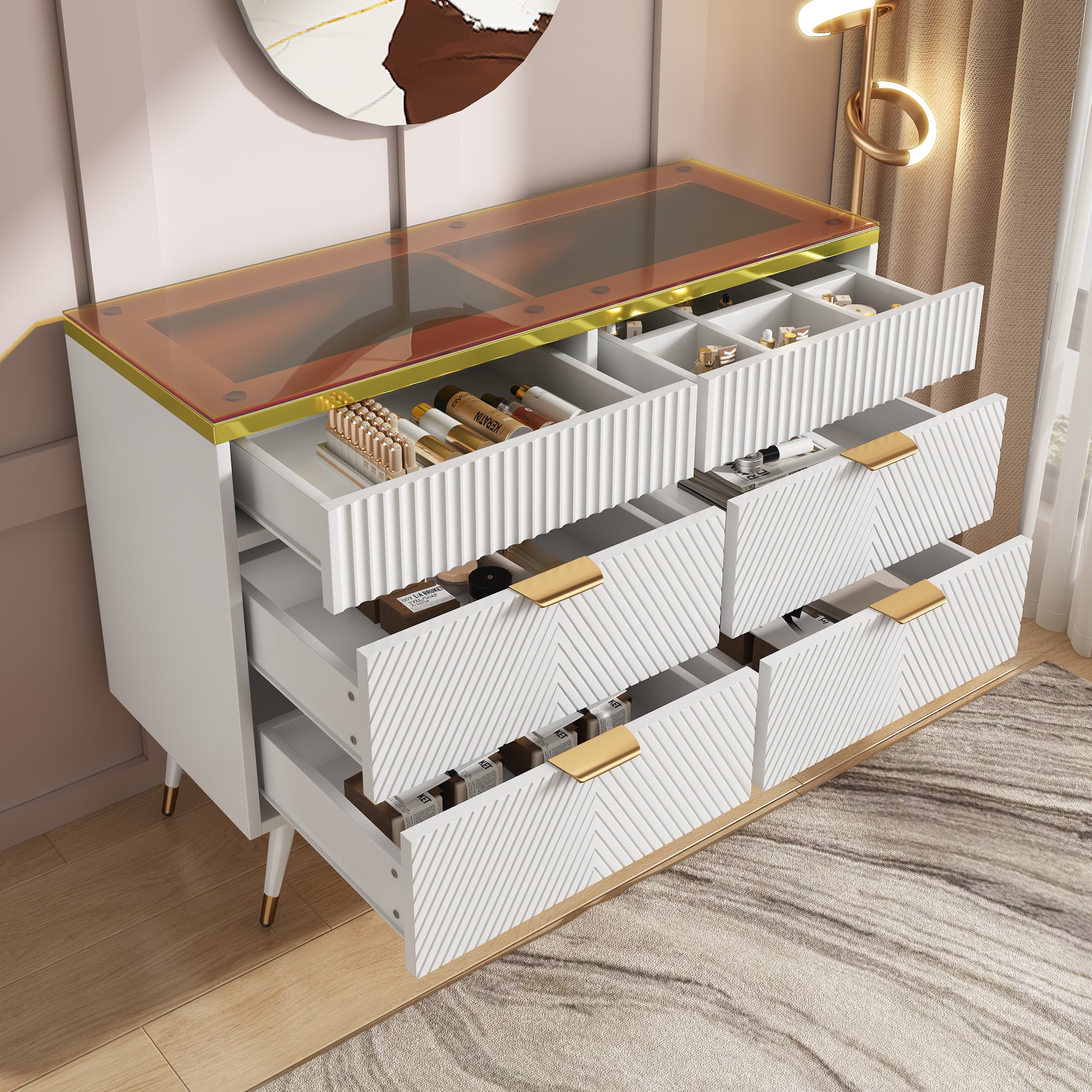 Sideboard Cabinet Dresser with 6 Drawers,Amber glass chest of drawers, Compartmentalised storage,Anti-tip,Dressing table for Living Room, Hallway, Bedroom, and Children's Room, 120 x 40 x 76 cm, White