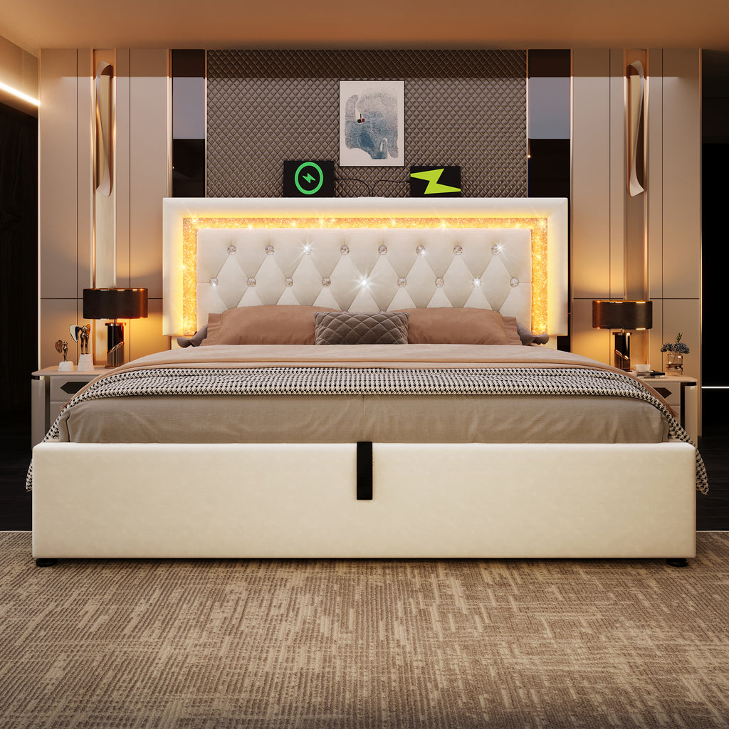 Upholstered Double Bed 135 x 190 cm with LED Lighting, USB Type-C Charging, 4ft6 Hydraulic Storage Bed with Adjustable Diamond Tufted Headboard, Velvet, Beige (No Mattress)