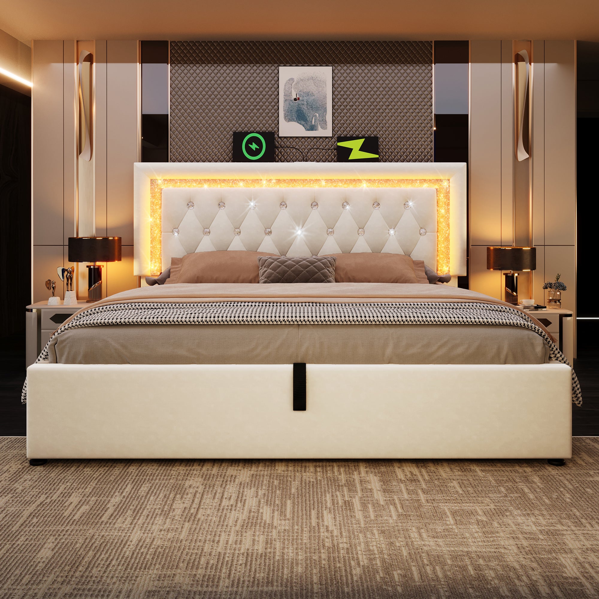 Upholstered Double Bed 135 x 190 cm with LED Lighting, USB Type-C Charging, 4ft6 Hydraulic Storage Bed with Adjustable Diamond Tufted Headboard, Velvet, Beige (No Mattress)