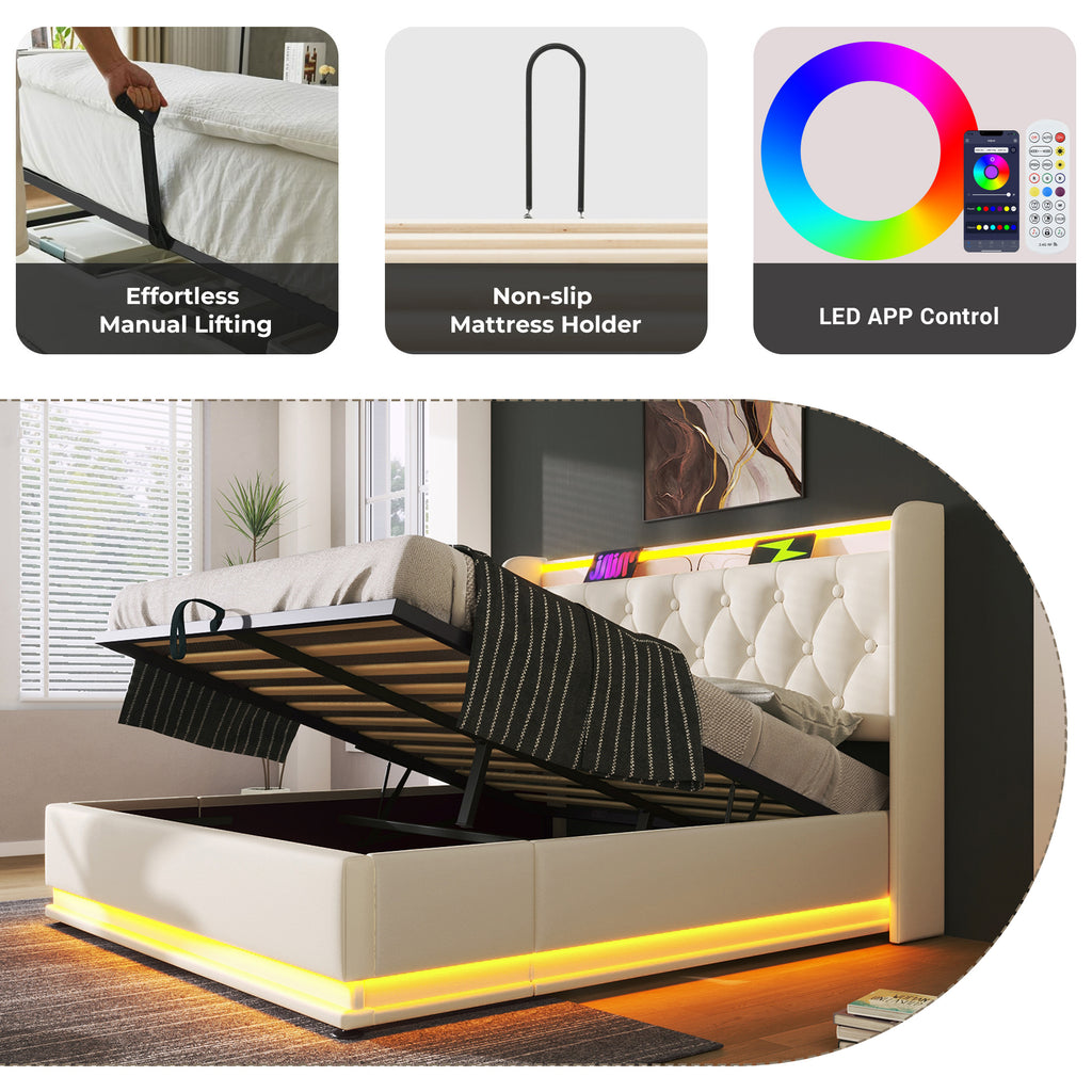 Upholstered Double Ottoman Bed with 360 Surround Led Function,Hydraulic Storage Bed Frame with Large Storage Space, 4ft6 Double Bed Frame with Charging Function,135 x190 ,PU, White (No Mattress)