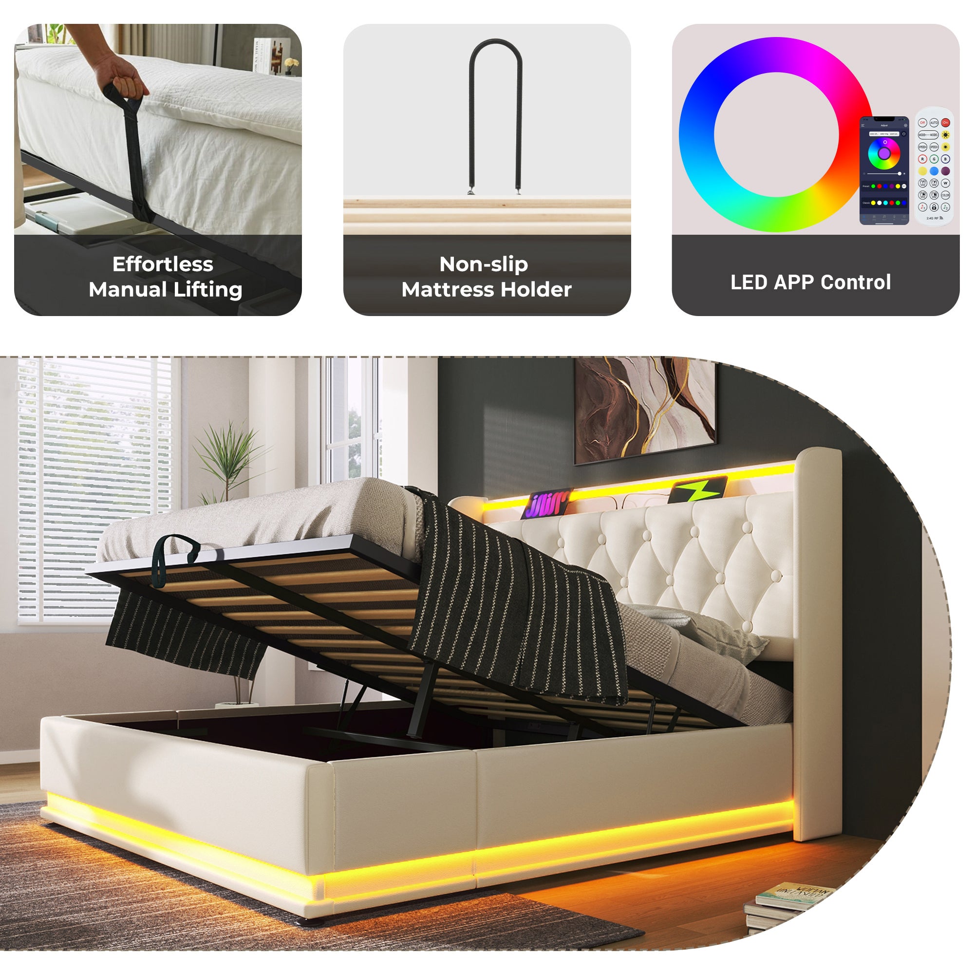 Upholstered Double Ottoman Bed with 360 Surround Led Function,Hydraulic Storage Bed Frame with Large Storage Space, 4ft6 Double Bed Frame with Charging Function,135 x190 ,PU, White (No Mattress)