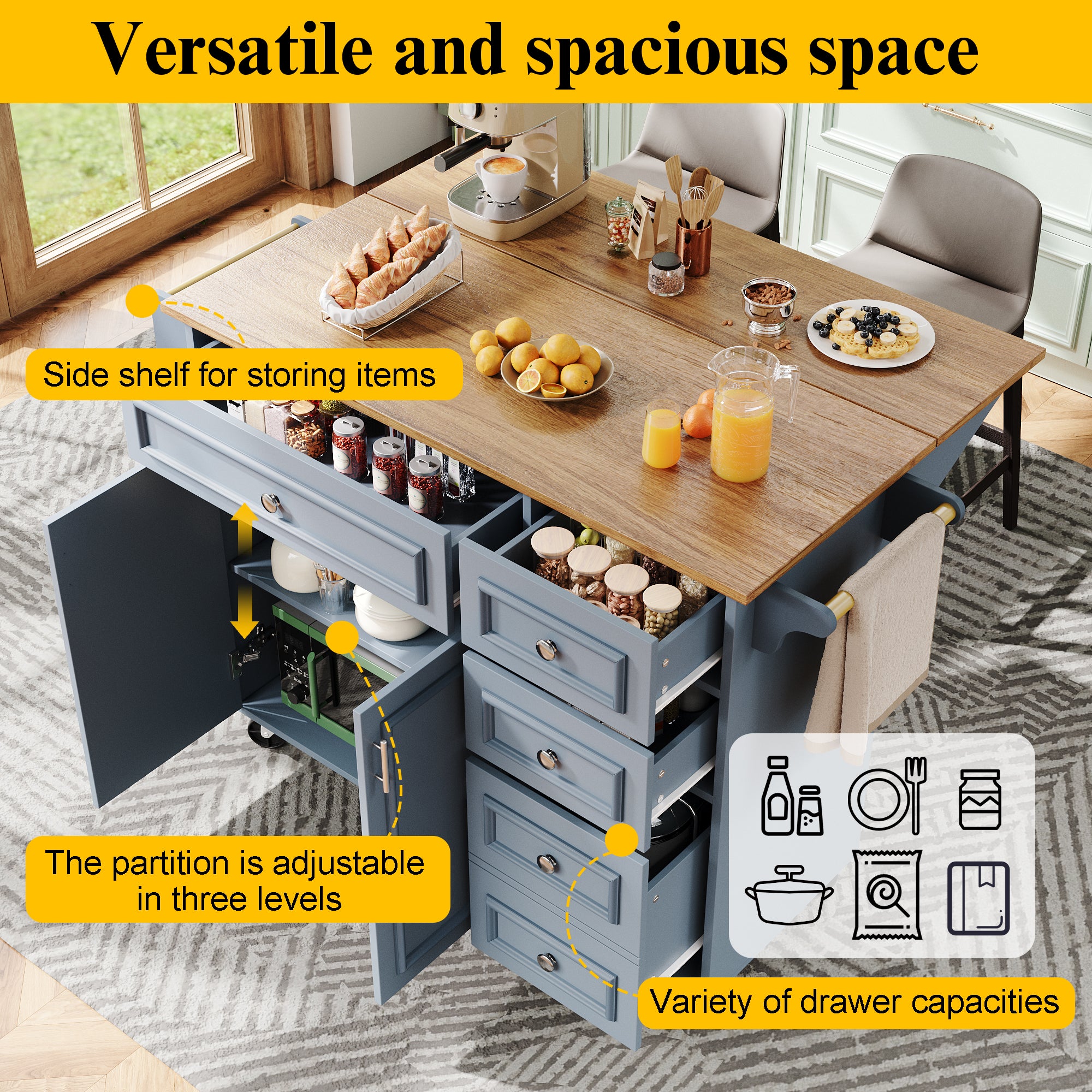 Kitchen island (110×45-75×92cm), removable serving trolley buffet cabinet, dining trolley with vintage pattern, buffet cabinet, multifunctional dining table with storage space, Blue