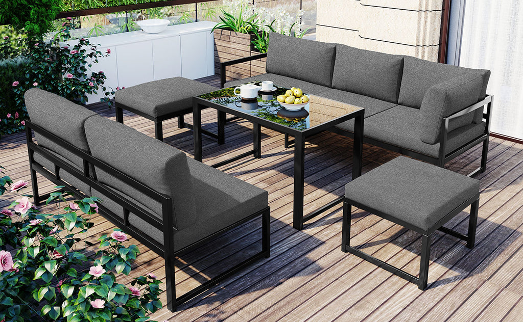 Outdoor Garden Lounge Sofa Seating Set, Garden Balcony Furniture with Reclining Function, Backrest Adjustable in Four Directions, Includes All Soft Seat Cushions and Backrest, Grey