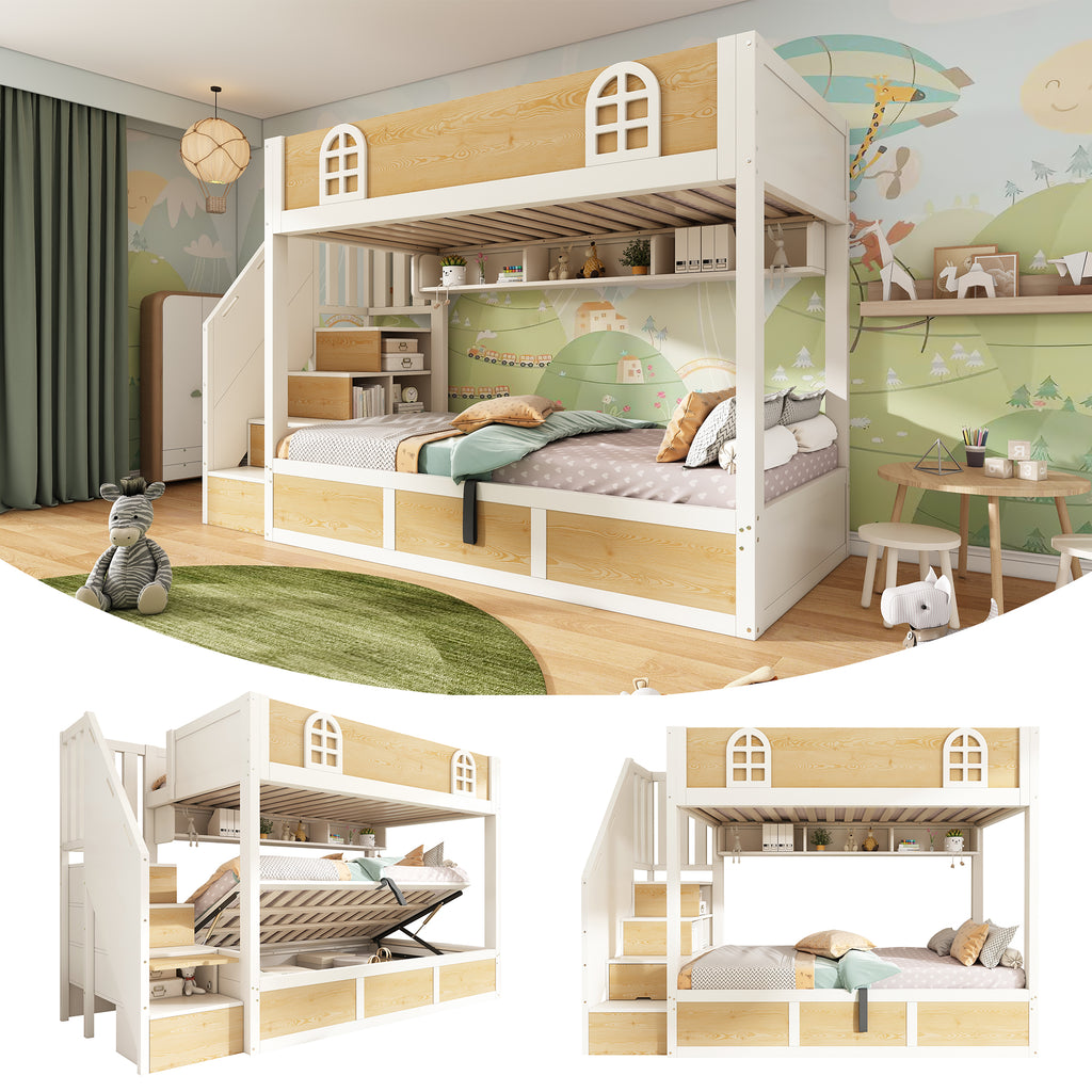 Bunk Beds for Kids, Staircase Bunk with Storage Cube, Children's Bed with Hydraulic Storage, Double Bed High Sleeper for Family with Multiple Children, 90 x 190 cm, Solid Wood, White & Natural