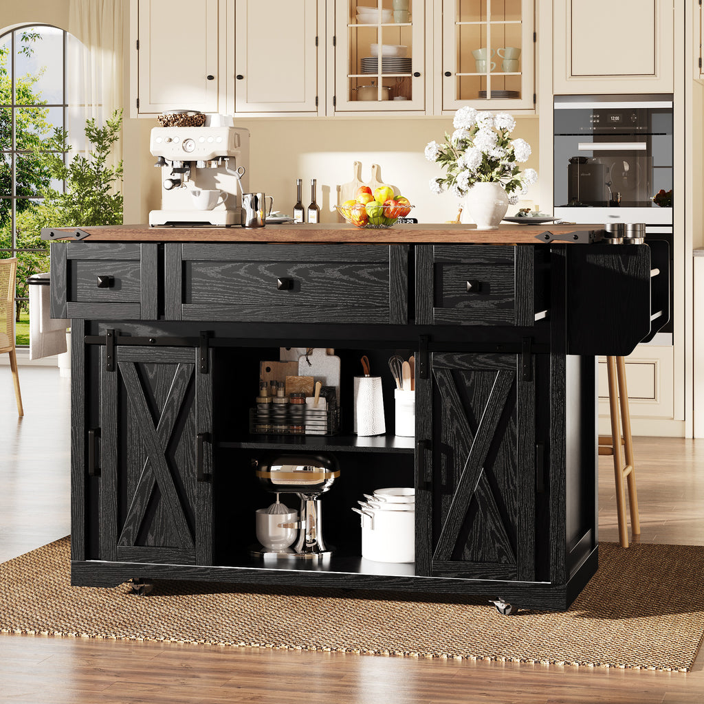Kitchen island trolley with extendable worktop and power connection, 91cm working height, white/black, load capacity up to 75kg