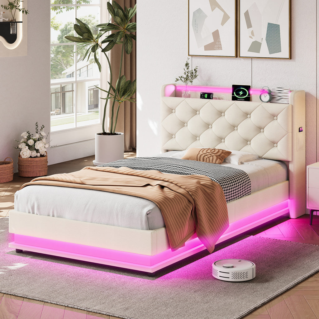 3ft Single Upholstered Bed Frame with Hydraulic Storage, LED Button Tufted Headboard with Charging Station and Concealed Headboard Storage, USB and Type-C Ports, Linen, Beige (No Mattress)