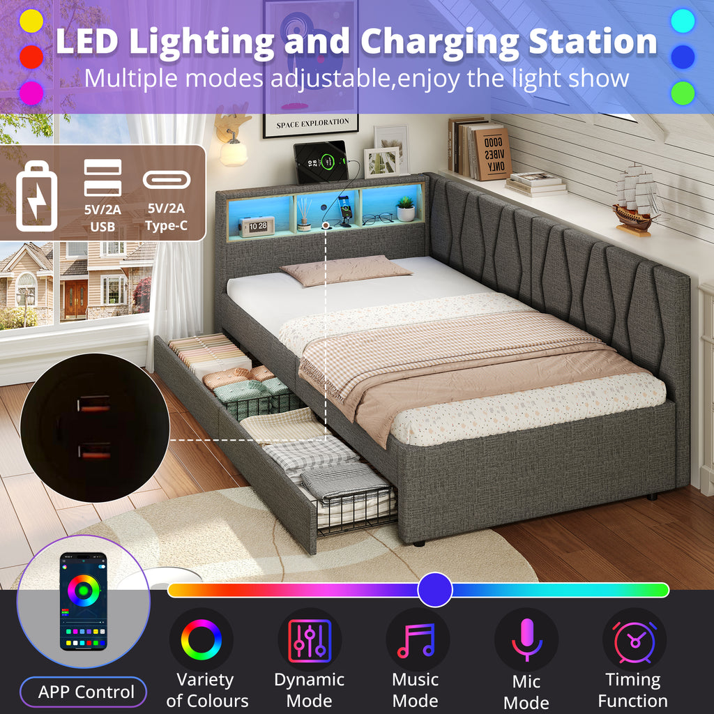 3ft Single Daybed with Two Storage Drawers, LED Modern Bed frame with Charging Station, Linen Sofa Bed for Living Room/ Bedroom/ Study Room, 90X190cm, Easy Assembly, Grey (No Mattress)