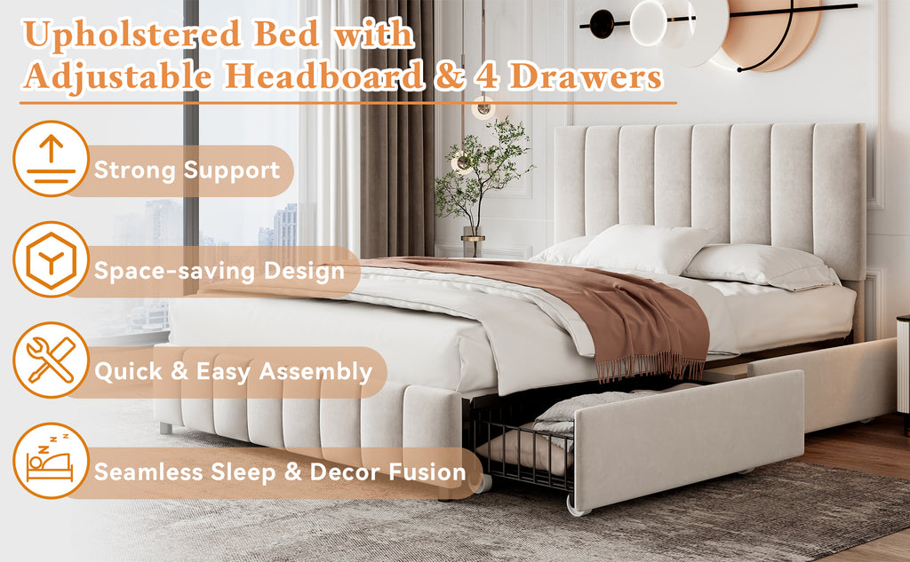 4ft6 Double Upholstered Bed with 4 Storage Drawers, Velvet Platform Bed Frame with Adjustable Channel Tufted Headboard, Metal-Wood Support, No Box Spring Needed, Easy Assembly, Beige (No Mattress)