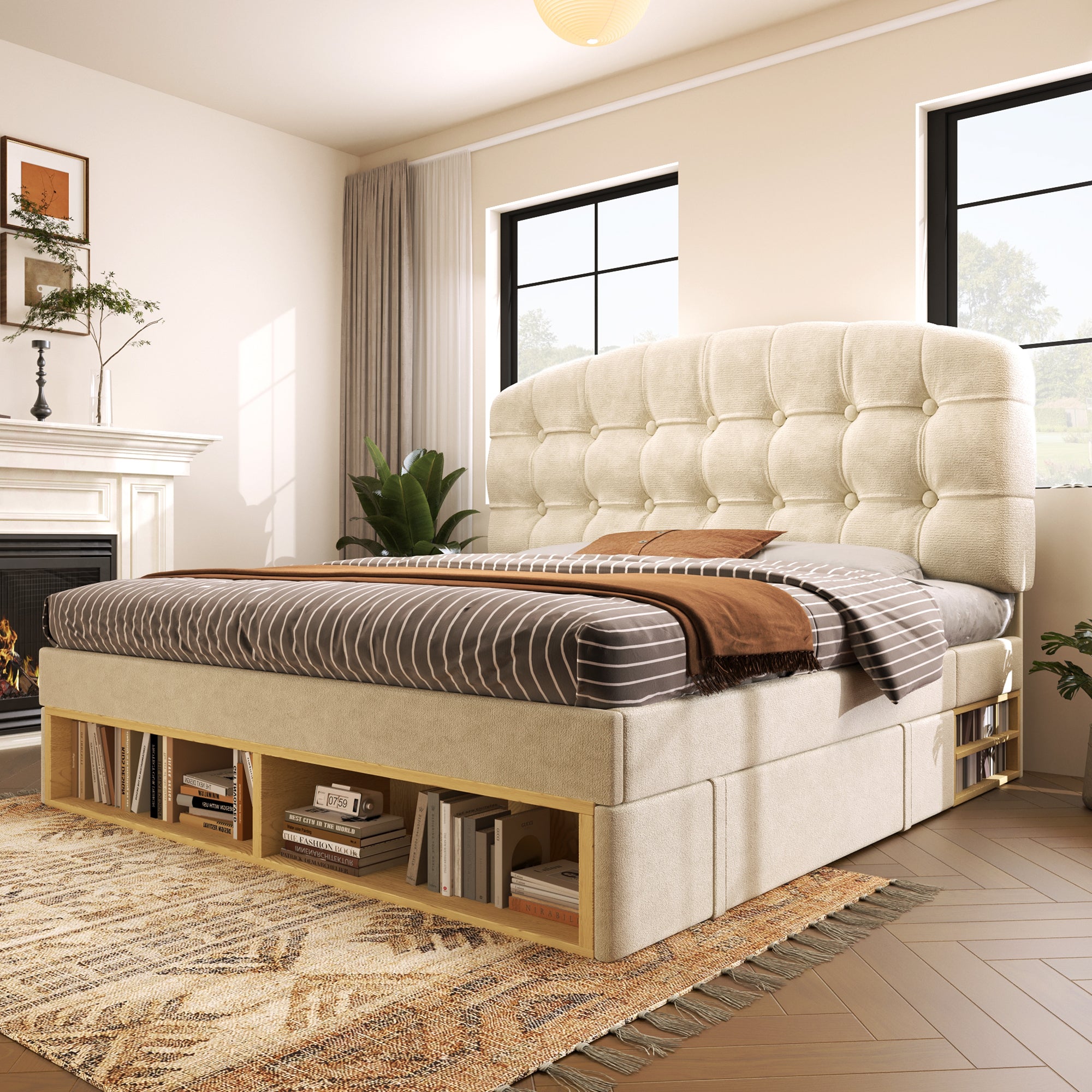 Upholstered Double Bed with Storage Compartments and Drawers, 4ft6 Double Bed with Adjustable Headboard, 135 x 190 cm, Velvet, Beige (No Mattress)