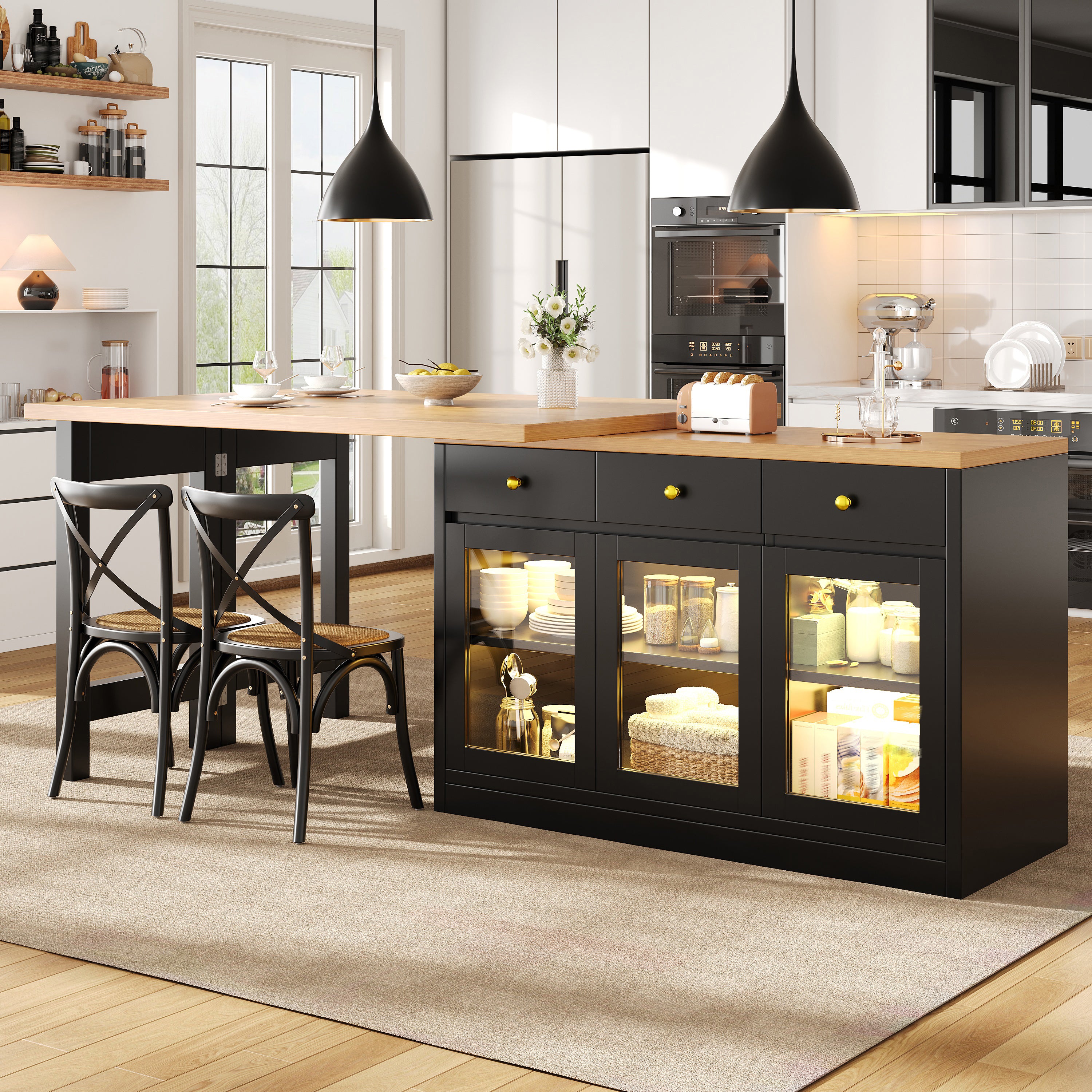 Extendable Kitchen Island with LED Lights, 120-200cm Adjustable Dining Table with Storage, 3 Drawers & Glass Cabinets, White/Black